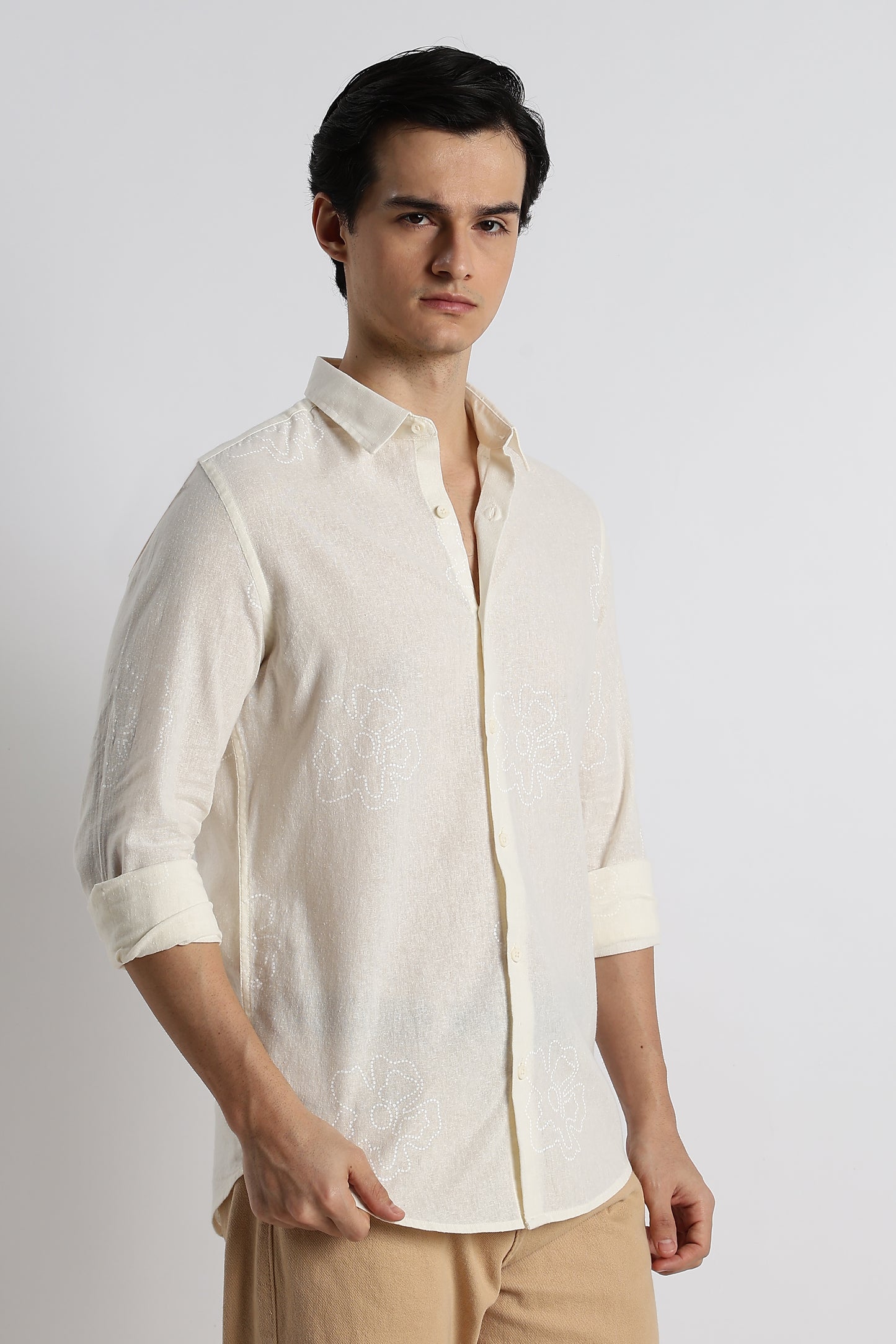 Floral Dot-Print Cotton Shirt Off White