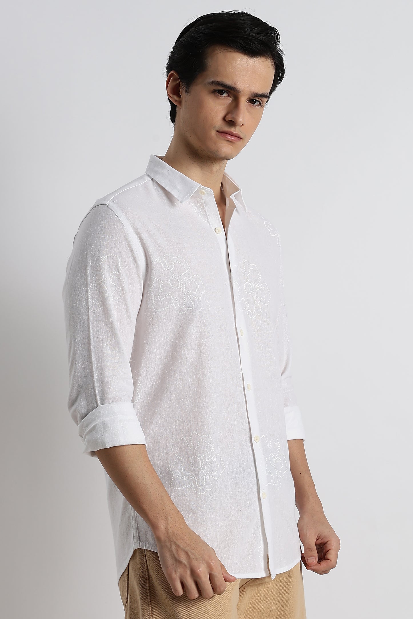 Floral Dot-Print Cotton Shirt White