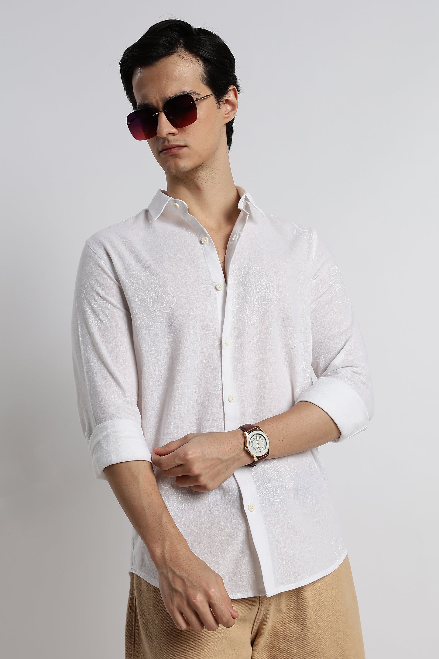 Floral Dot-Print Cotton Shirt White