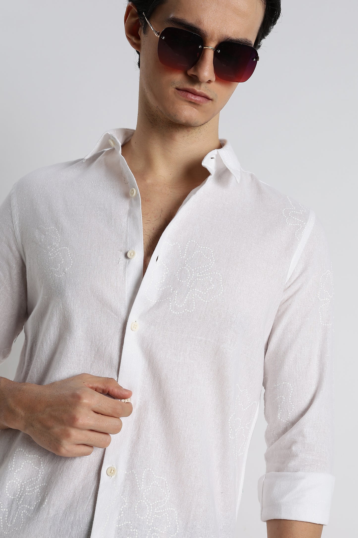 Floral Dot-Print Cotton Shirt White