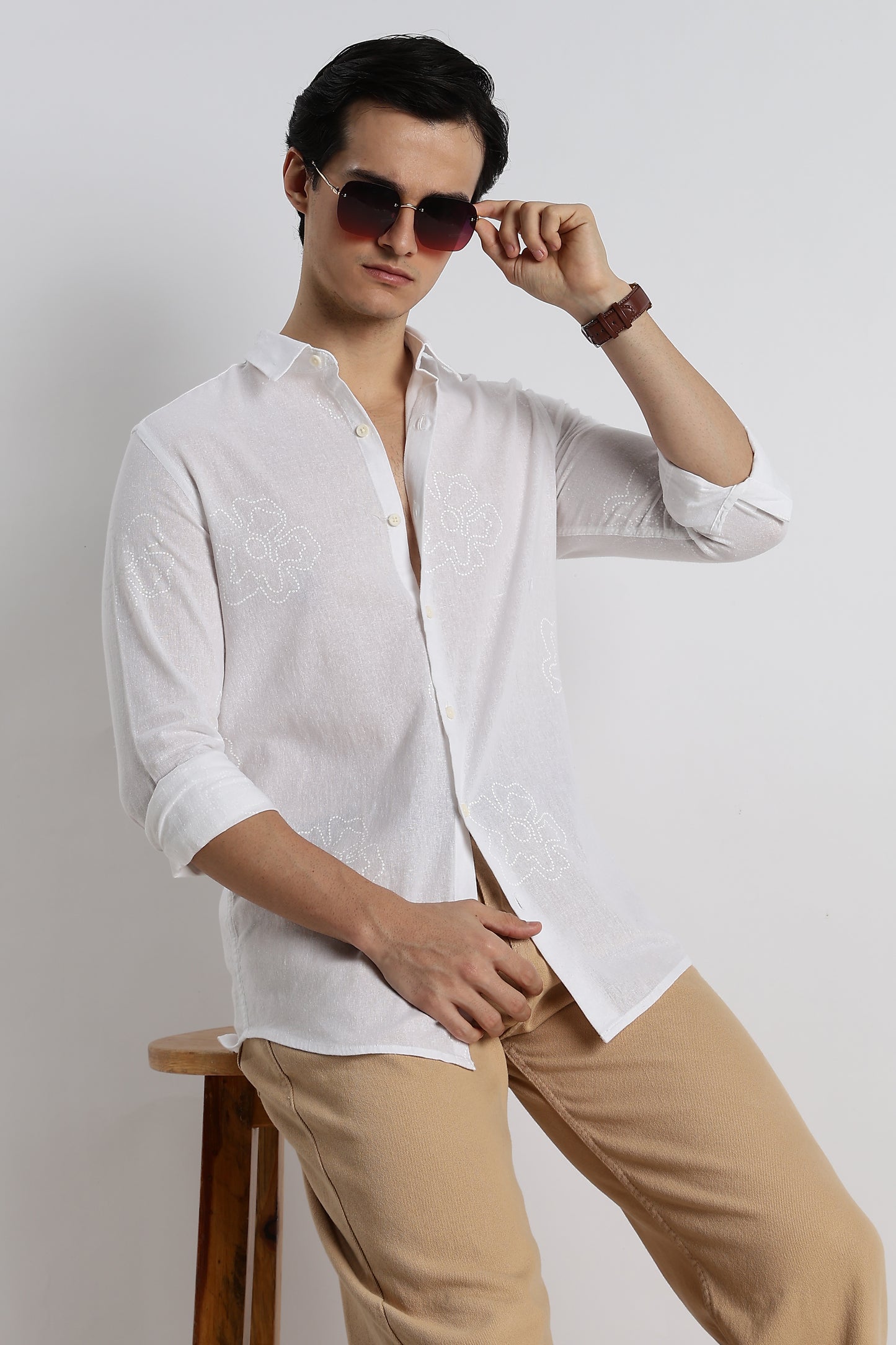 Floral Dot-Print Cotton Shirt White