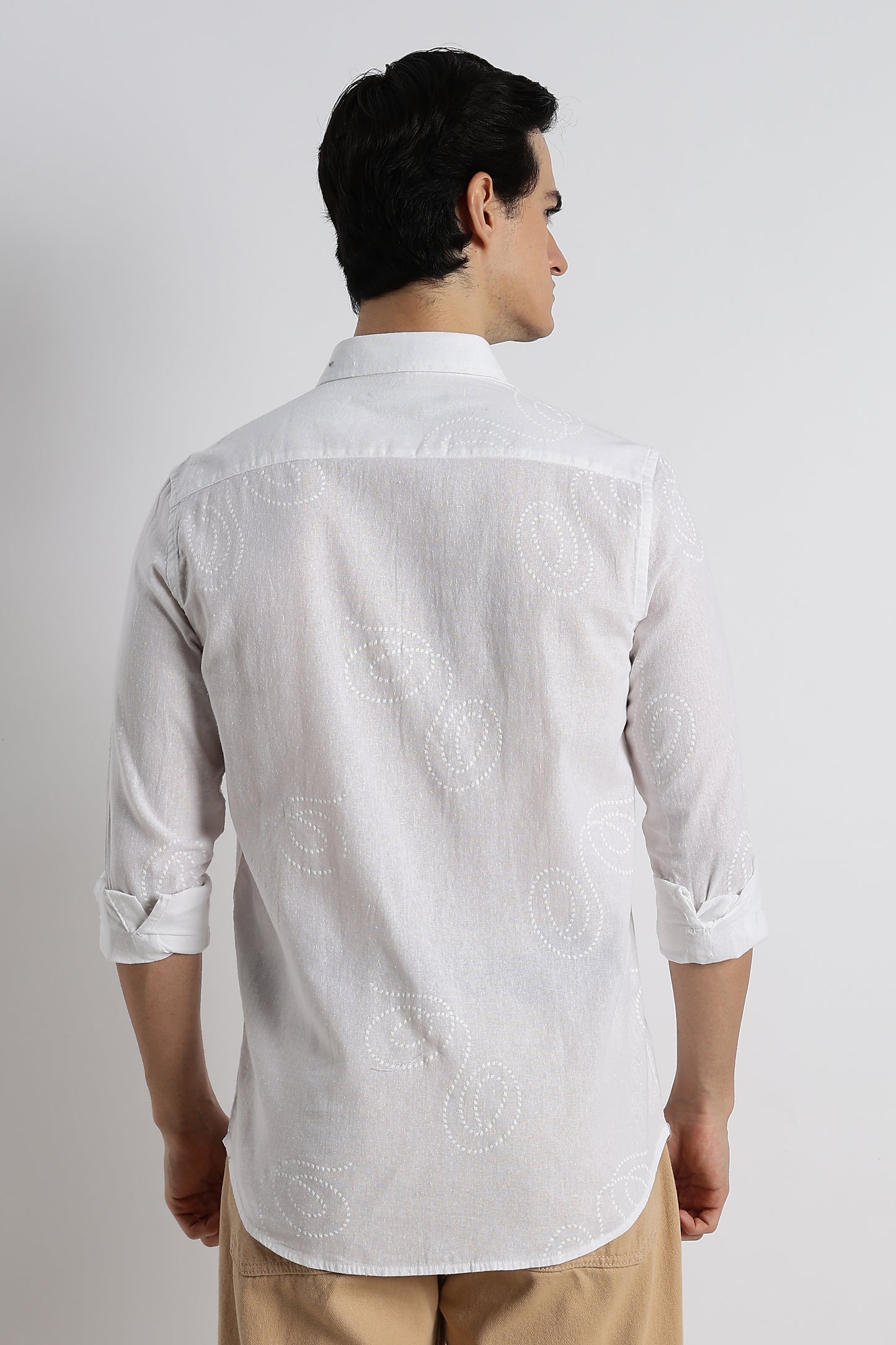 Dotted Swirl Printed Cotton Linen Shirt White
