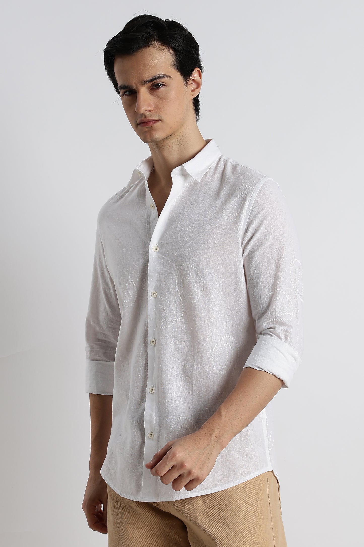 Dotted Swirl Printed Cotton Linen Shirt White