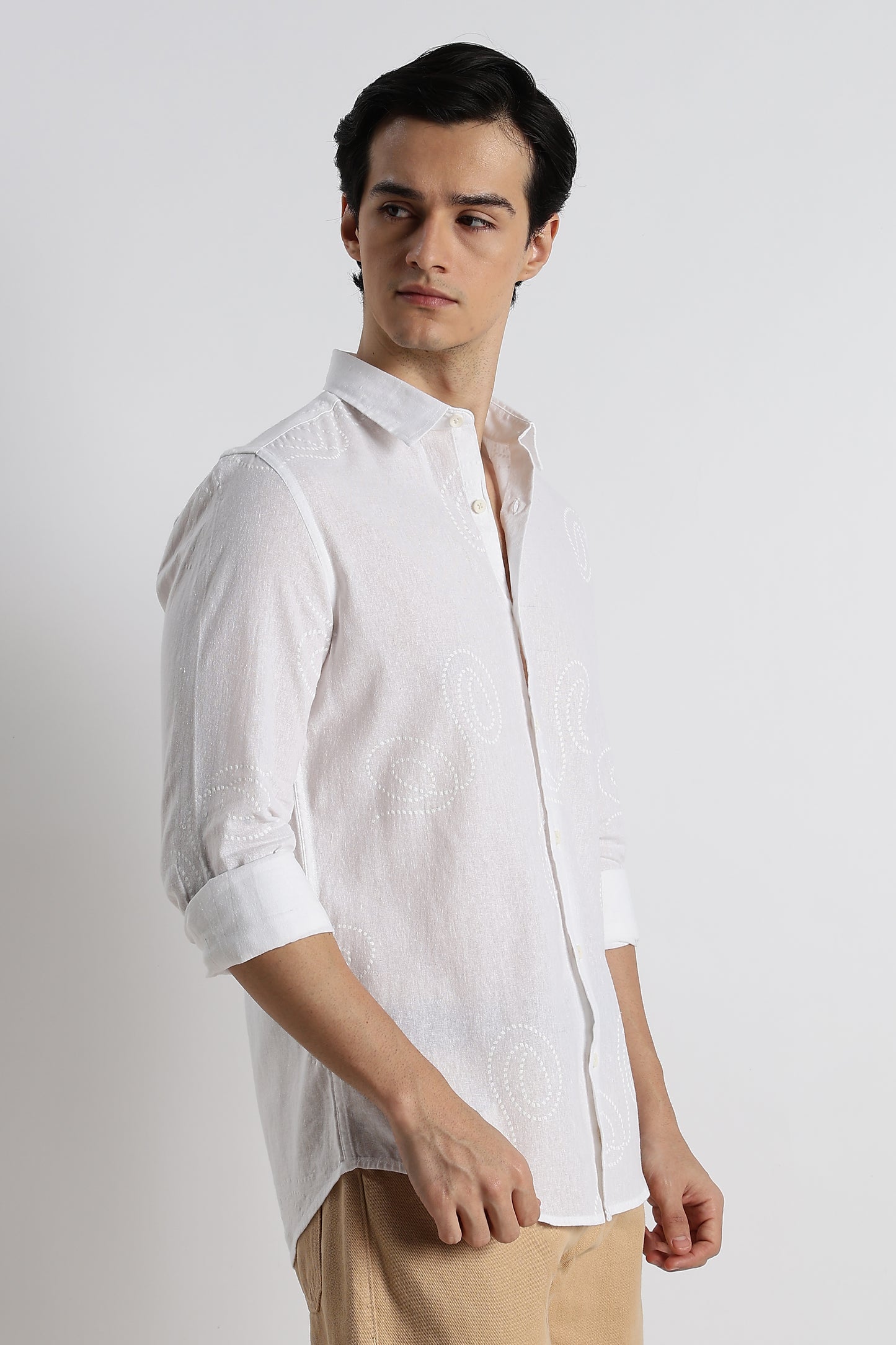 Dotted Swirl Printed Cotton Linen Shirt White