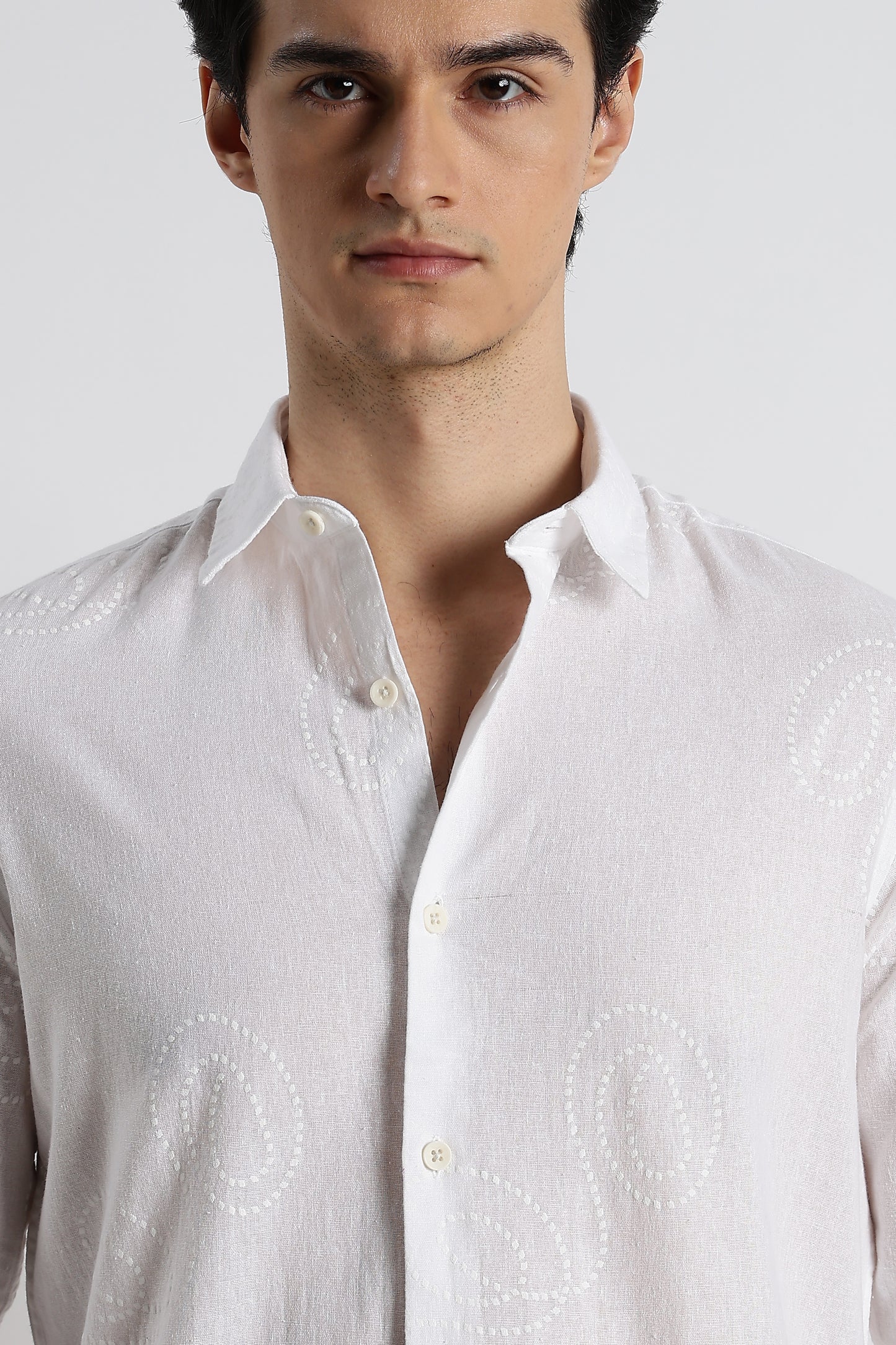 Dotted Swirl Printed Cotton Linen Shirt White