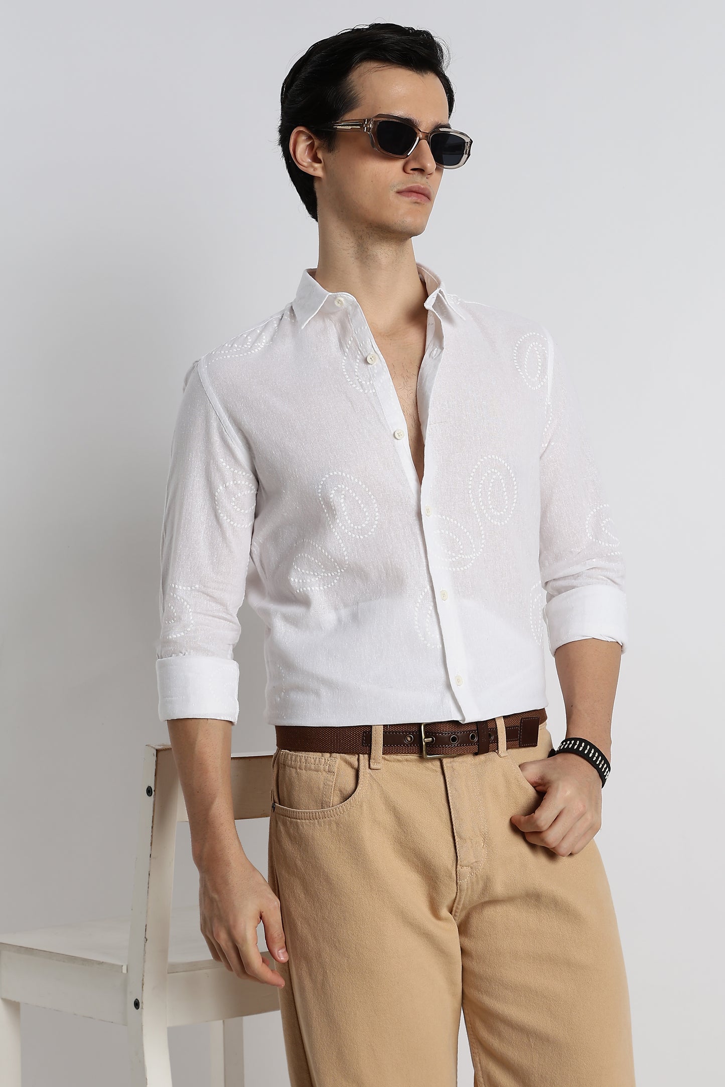 Dotted Swirl Printed Cotton Linen Shirt White