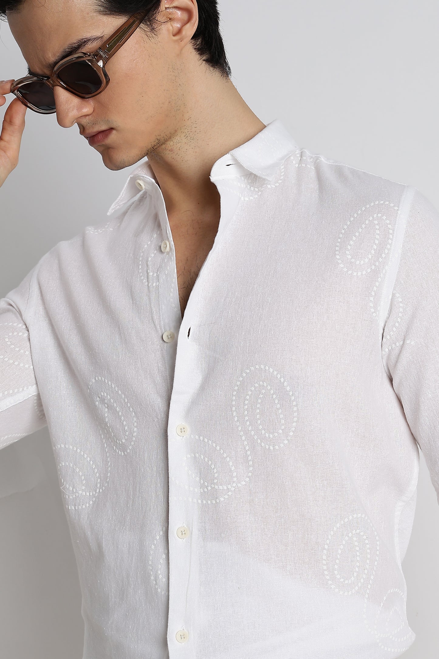 Dotted Swirl Printed Cotton Linen Shirt White