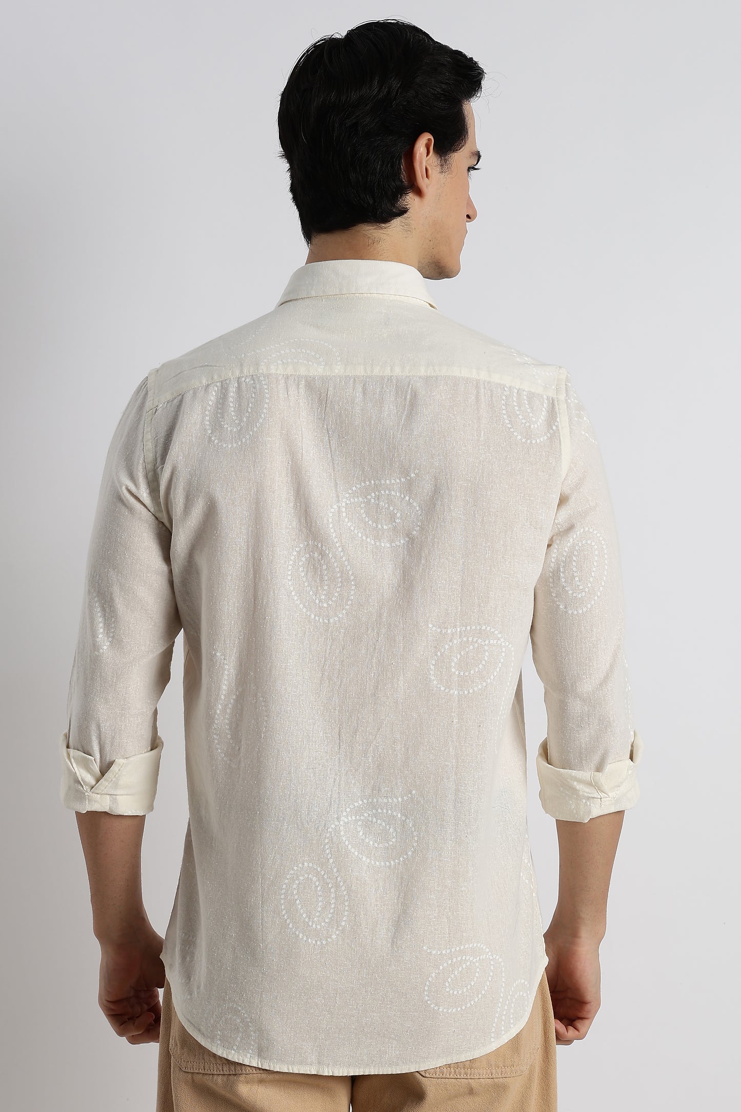 Dotted Swirl Printed Cotton Linen Shirt Off White