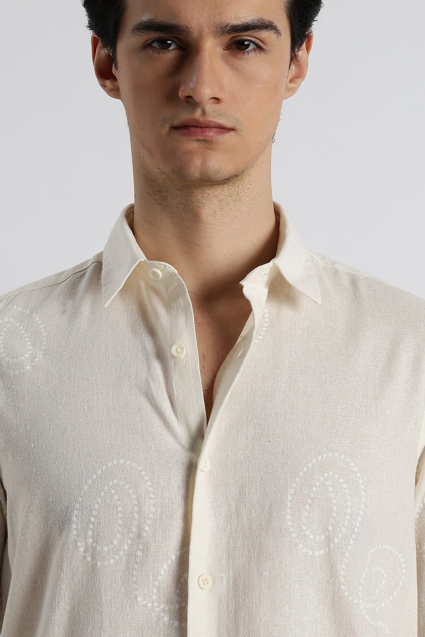 Dotted Swirl Printed Cotton Linen Shirt Off White
