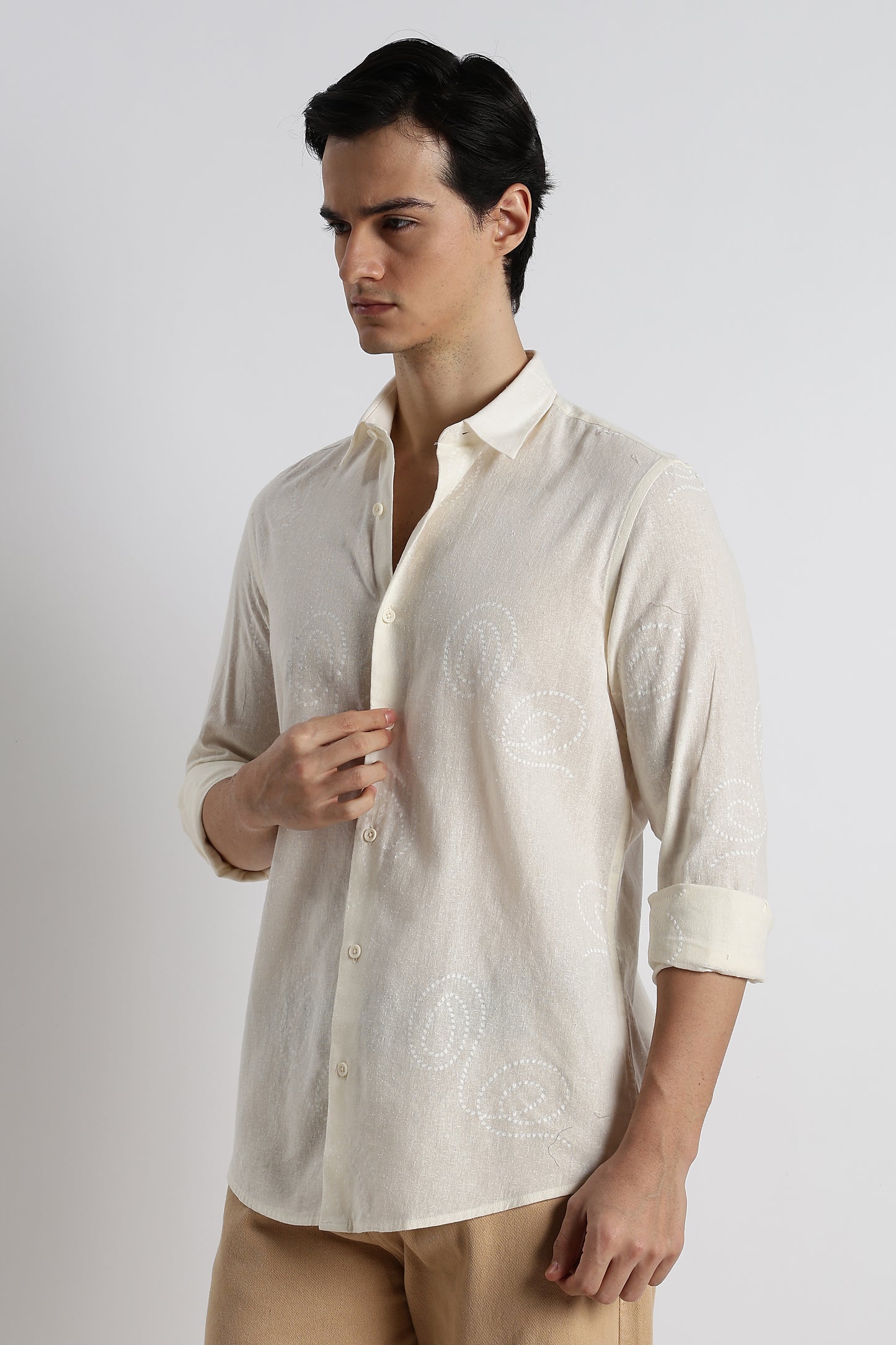Dotted Swirl Printed Cotton Linen Shirt Off White