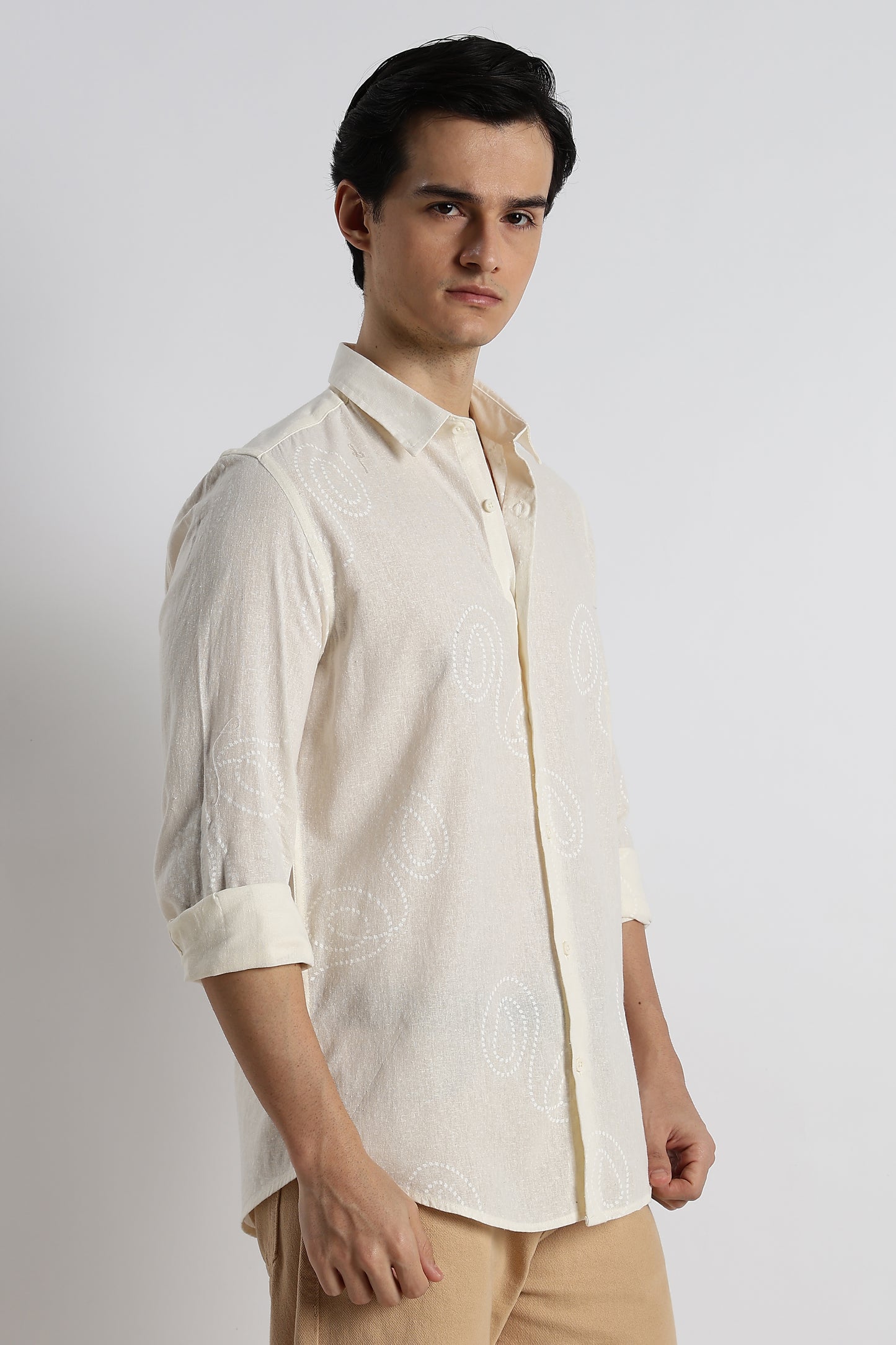 Dotted Swirl Printed Cotton Linen Shirt Off White