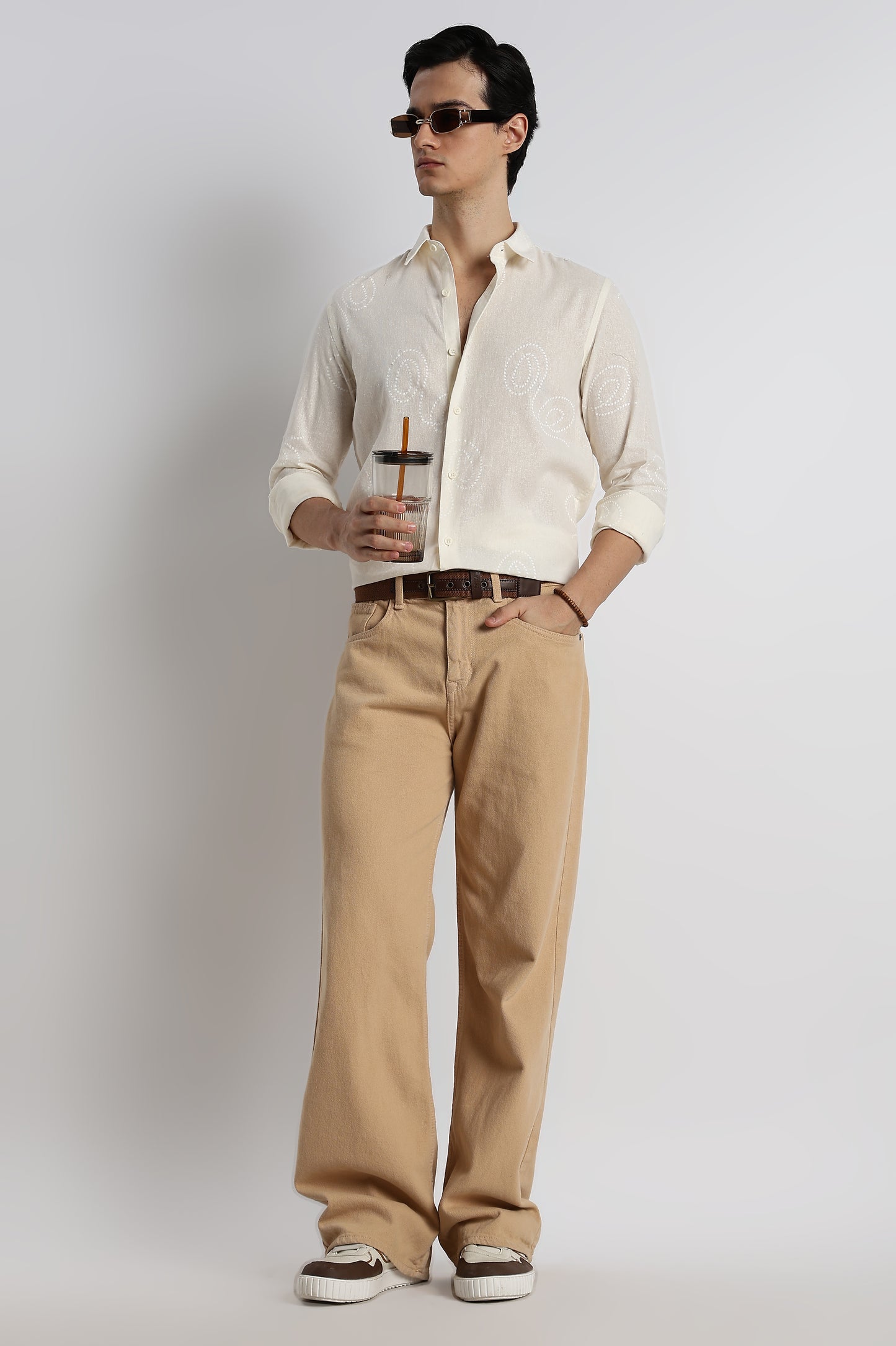 Dotted Swirl Printed Cotton Linen Shirt Off White