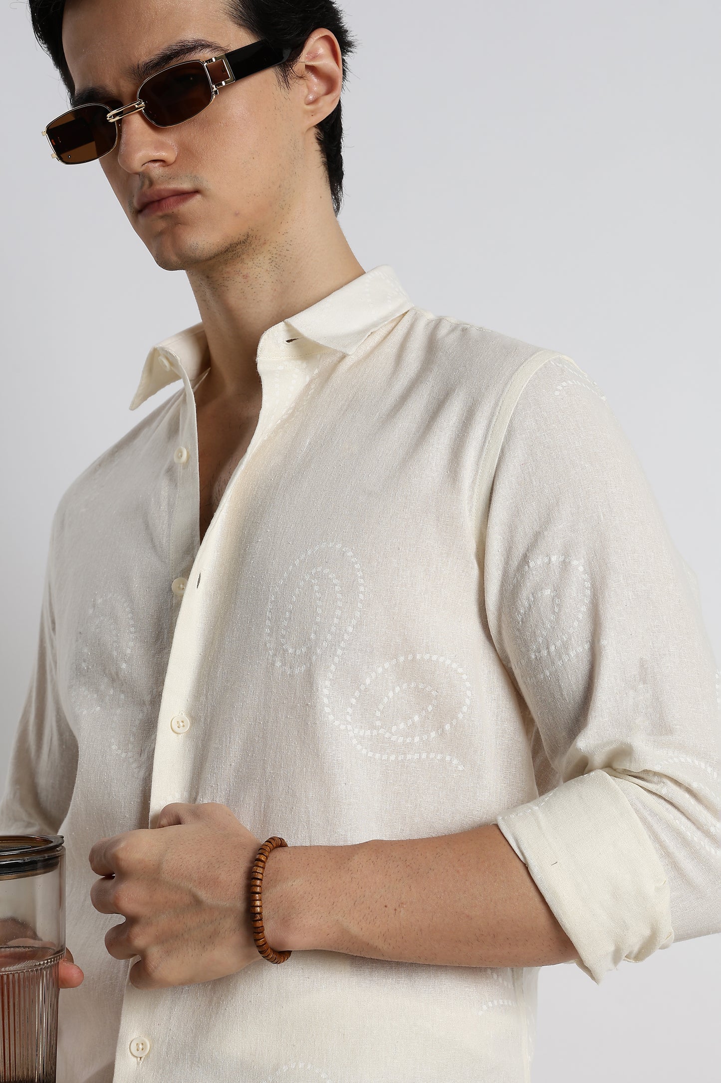 Dotted Swirl Printed Cotton Linen Shirt Off White