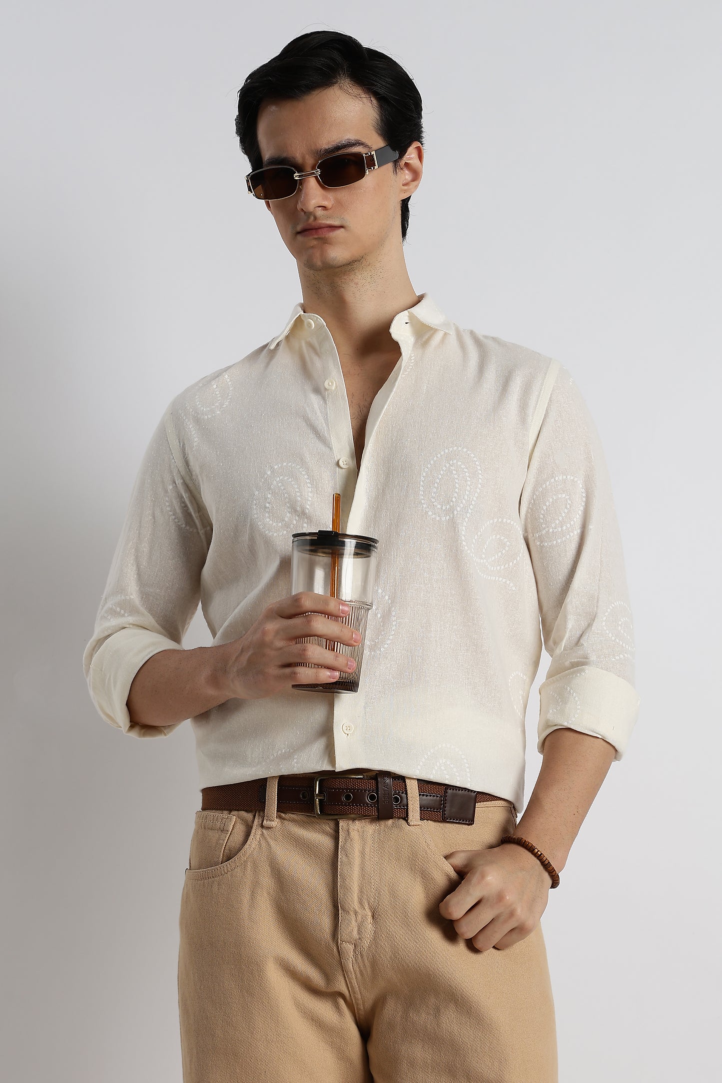 Dotted Swirl Printed Cotton Linen Shirt Off White