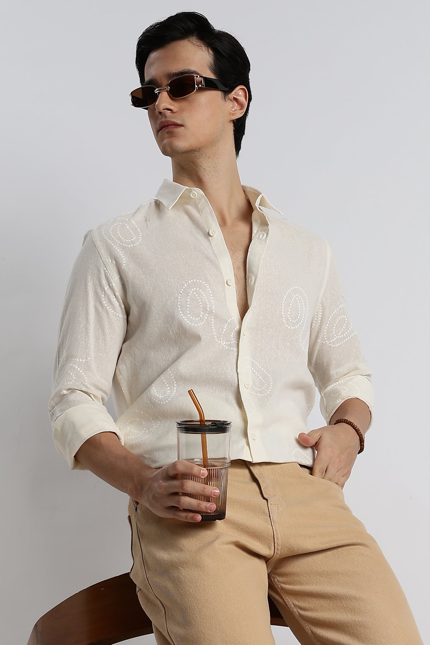 Dotted Swirl Printed Cotton Linen Shirt Off White