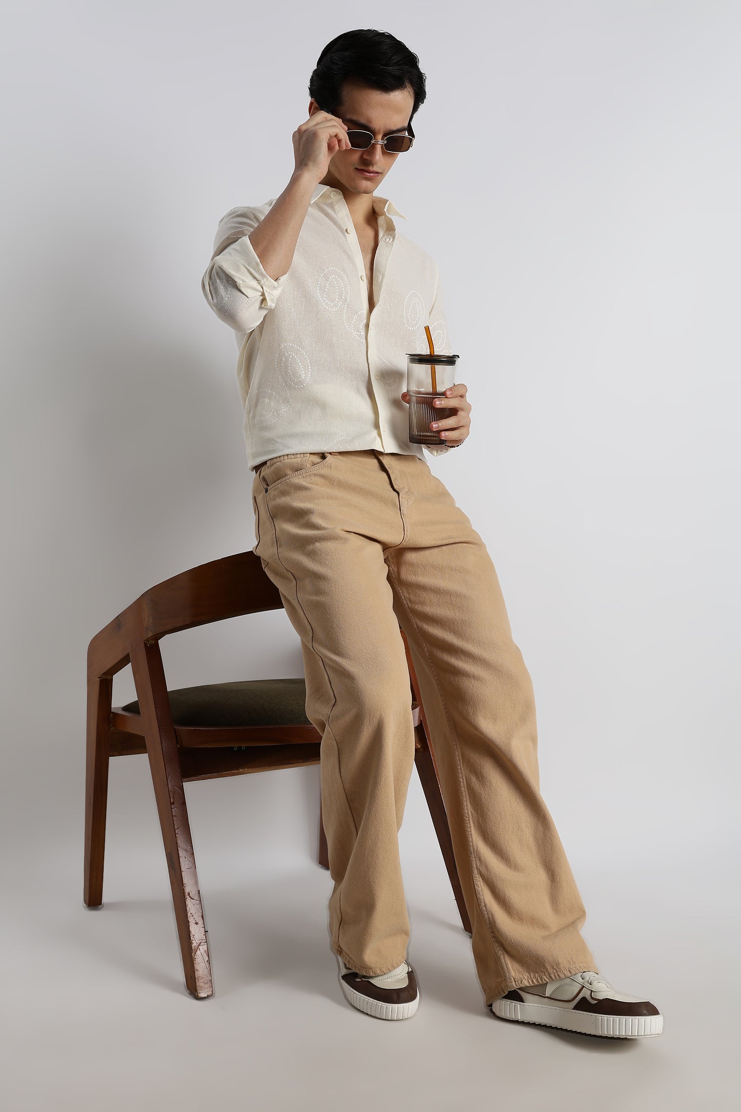 Dotted Swirl Printed Cotton Linen Shirt Off White