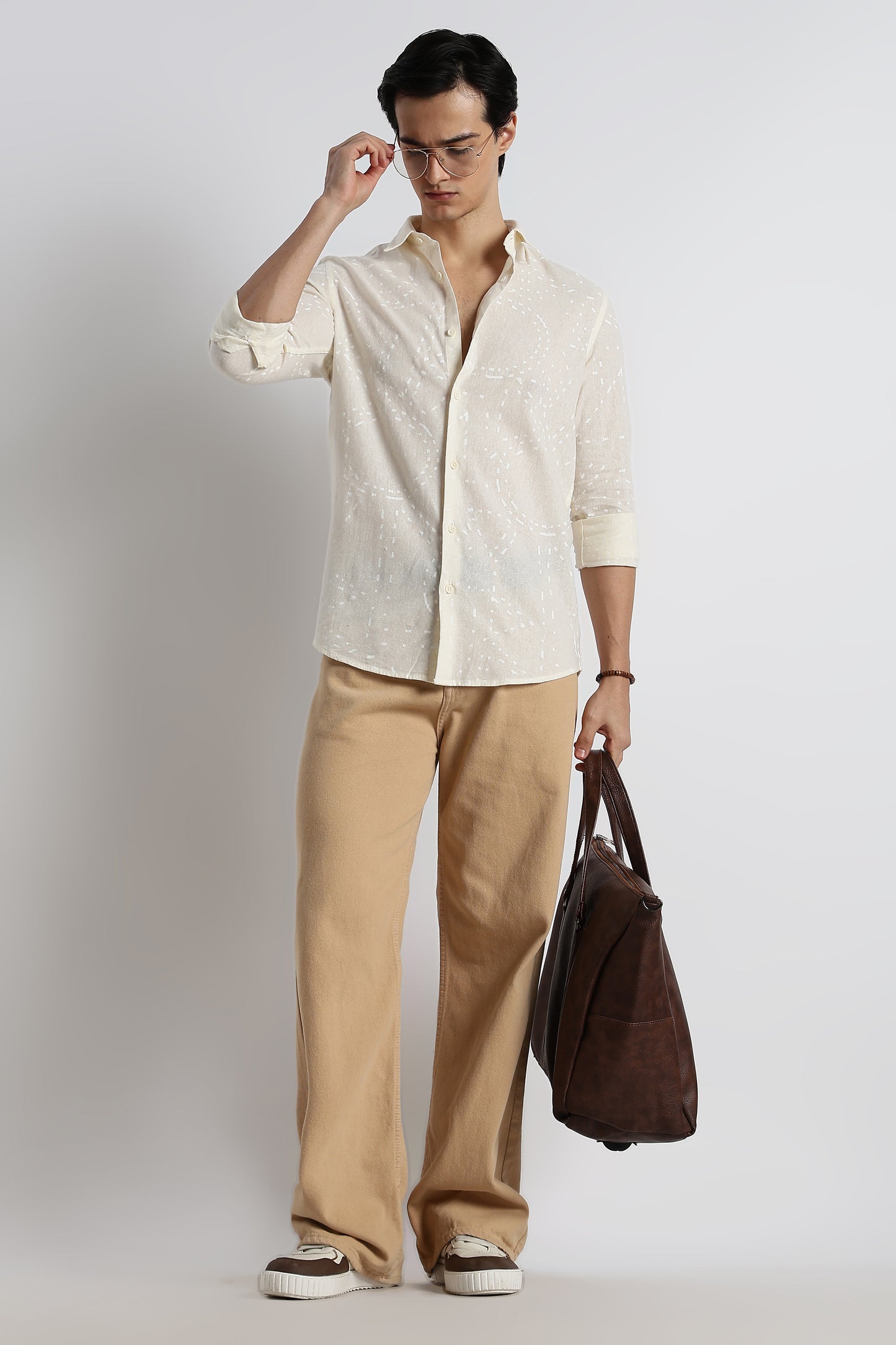 Abstract Geo-Print Shirt in Cotton Linen Off White