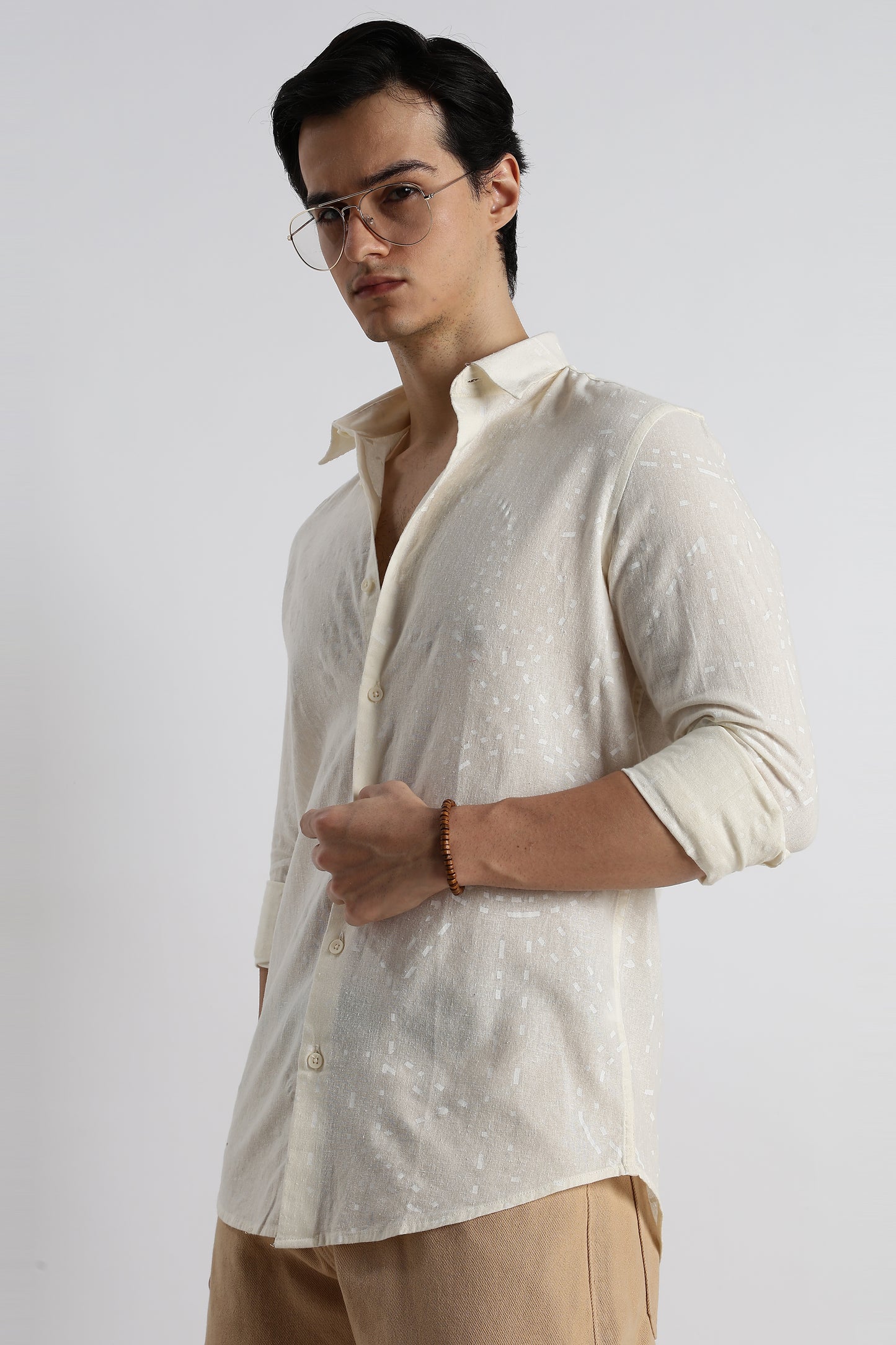 Abstract Geo-Print Shirt in Cotton Linen Off White