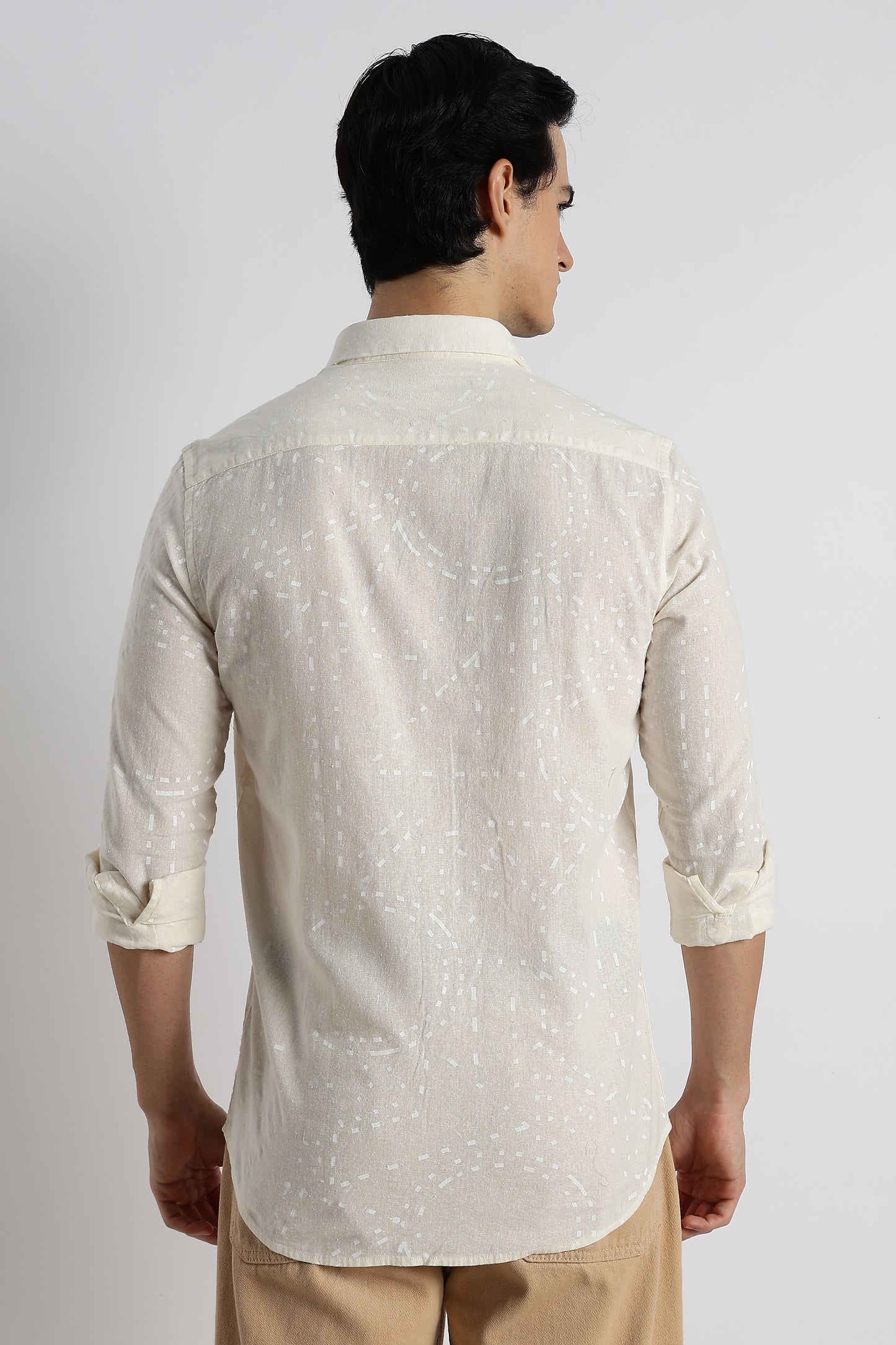 Abstract Geo-Print Shirt in Cotton Linen Off White