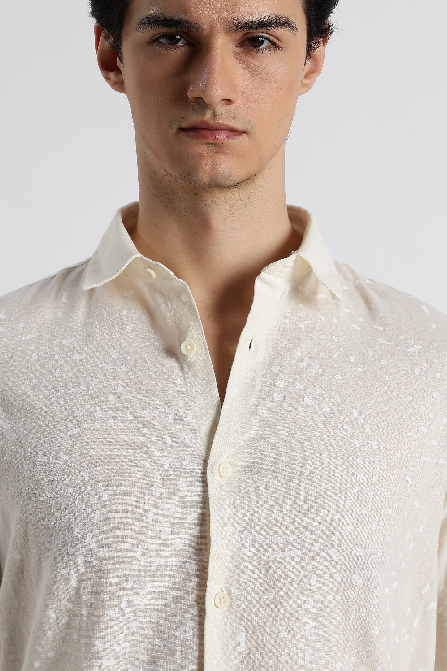 Abstract Geo-Print Shirt in Cotton Linen Off White