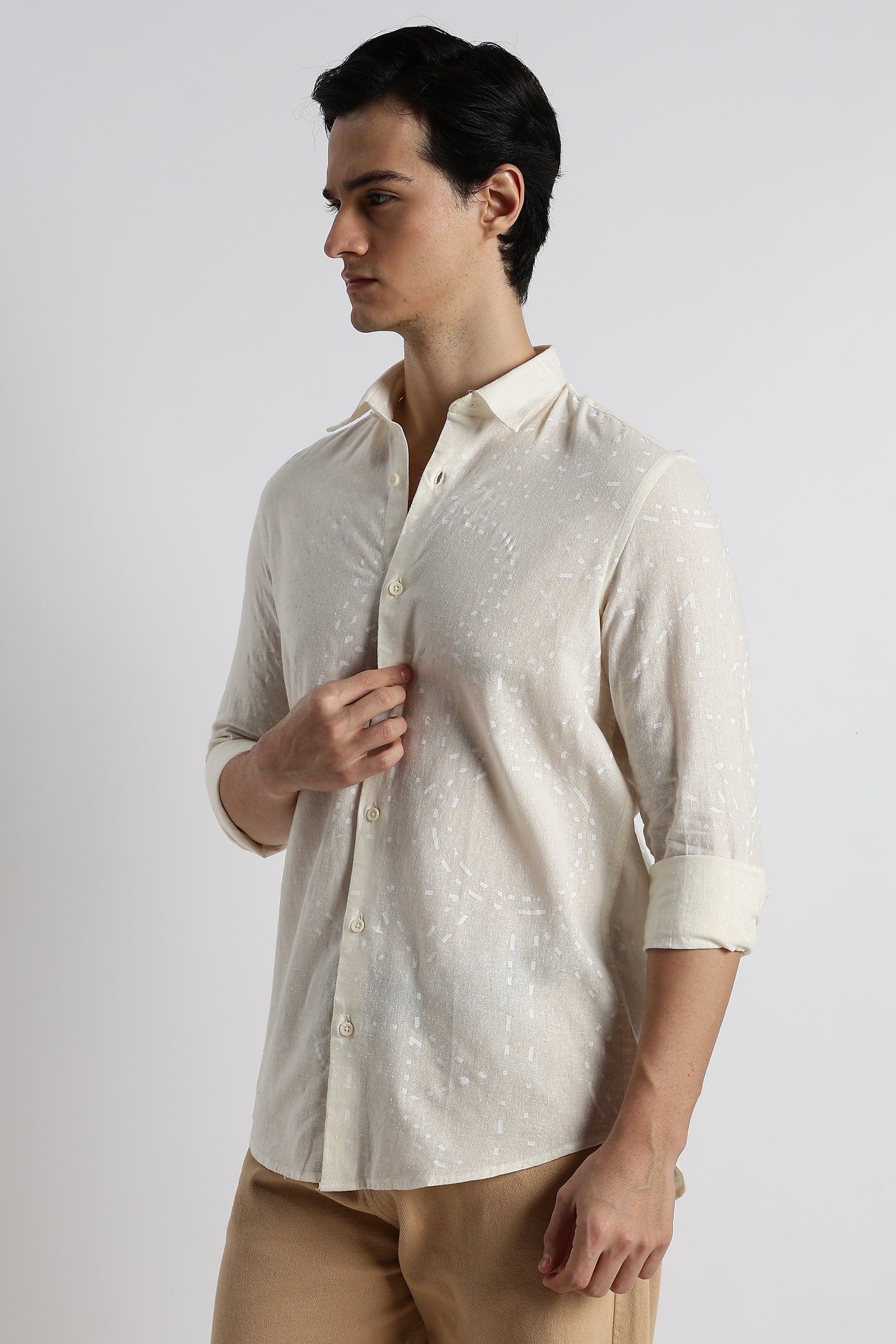Abstract Geo-Print Shirt in Cotton Linen Off White