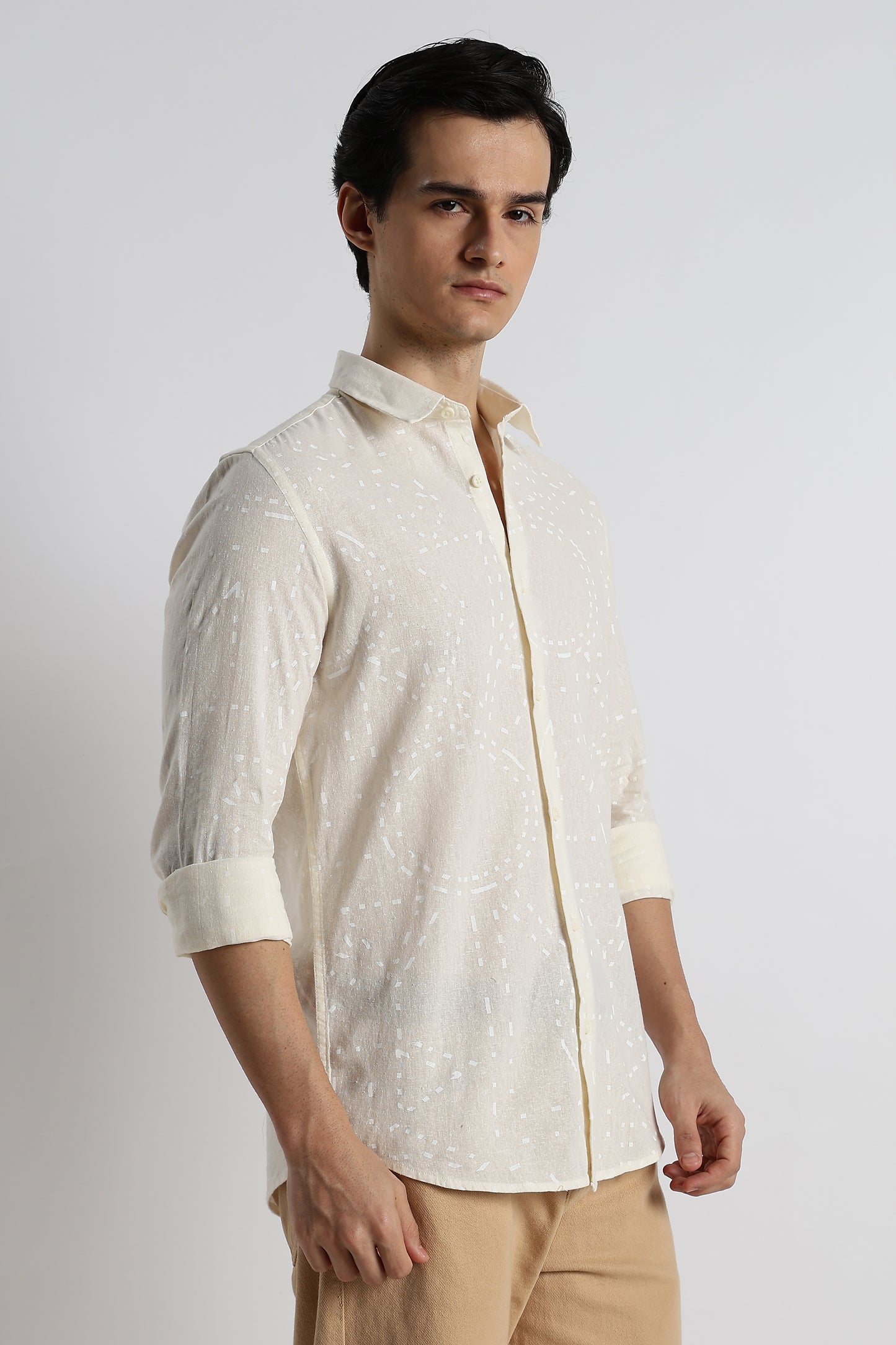 Abstract Geo-Print Shirt in Cotton Linen Off White