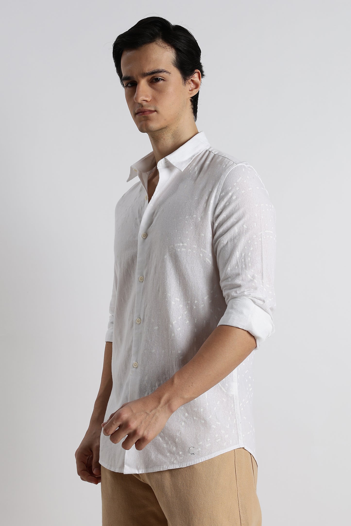 Abstract Geo-Print Shirt in Cotton Linen White
