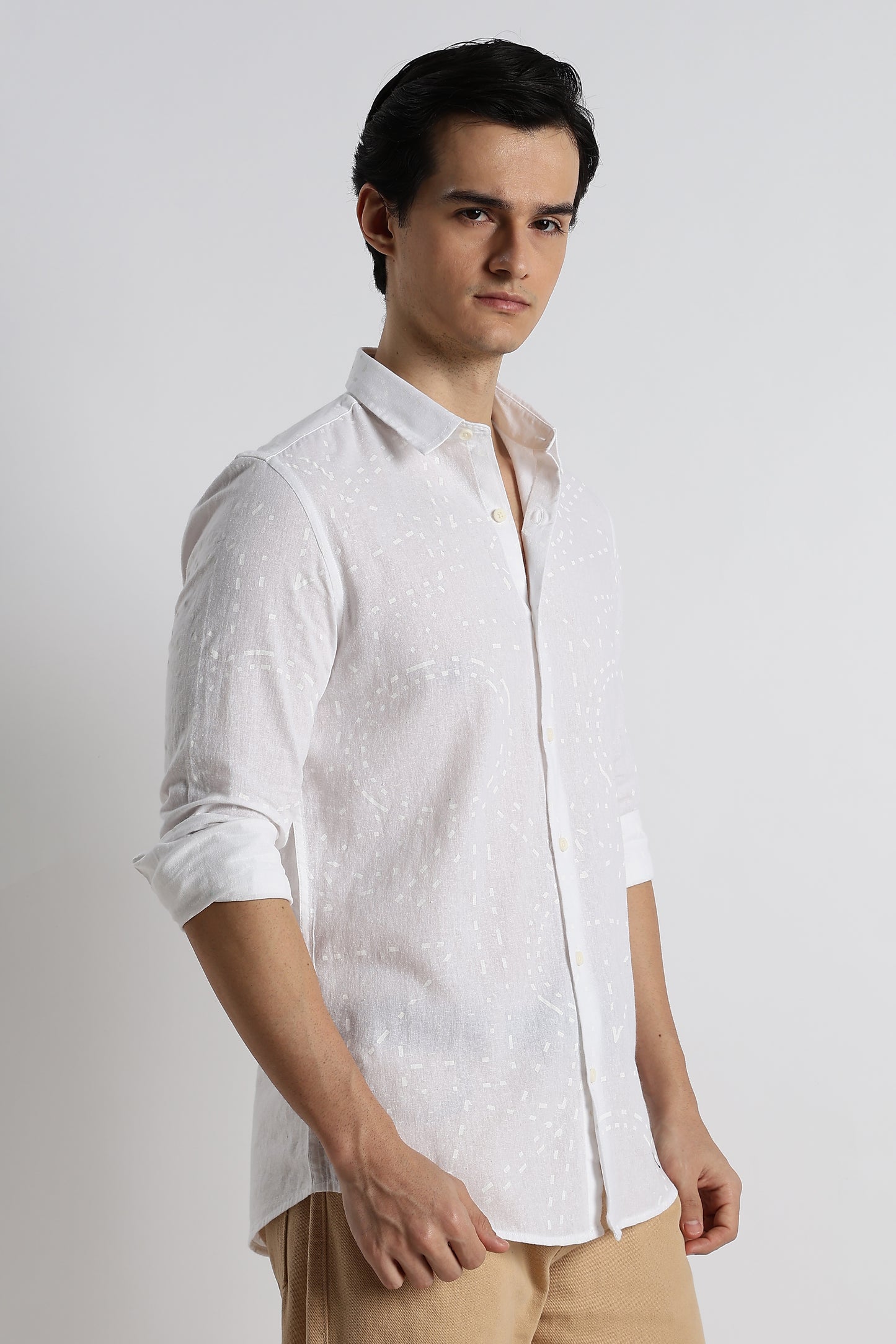 Abstract Geo-Print Shirt in Cotton Linen White