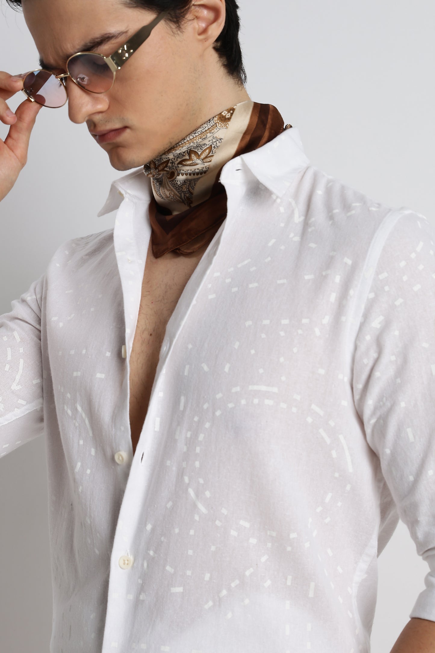 Abstract Geo-Print Shirt in Cotton Linen White