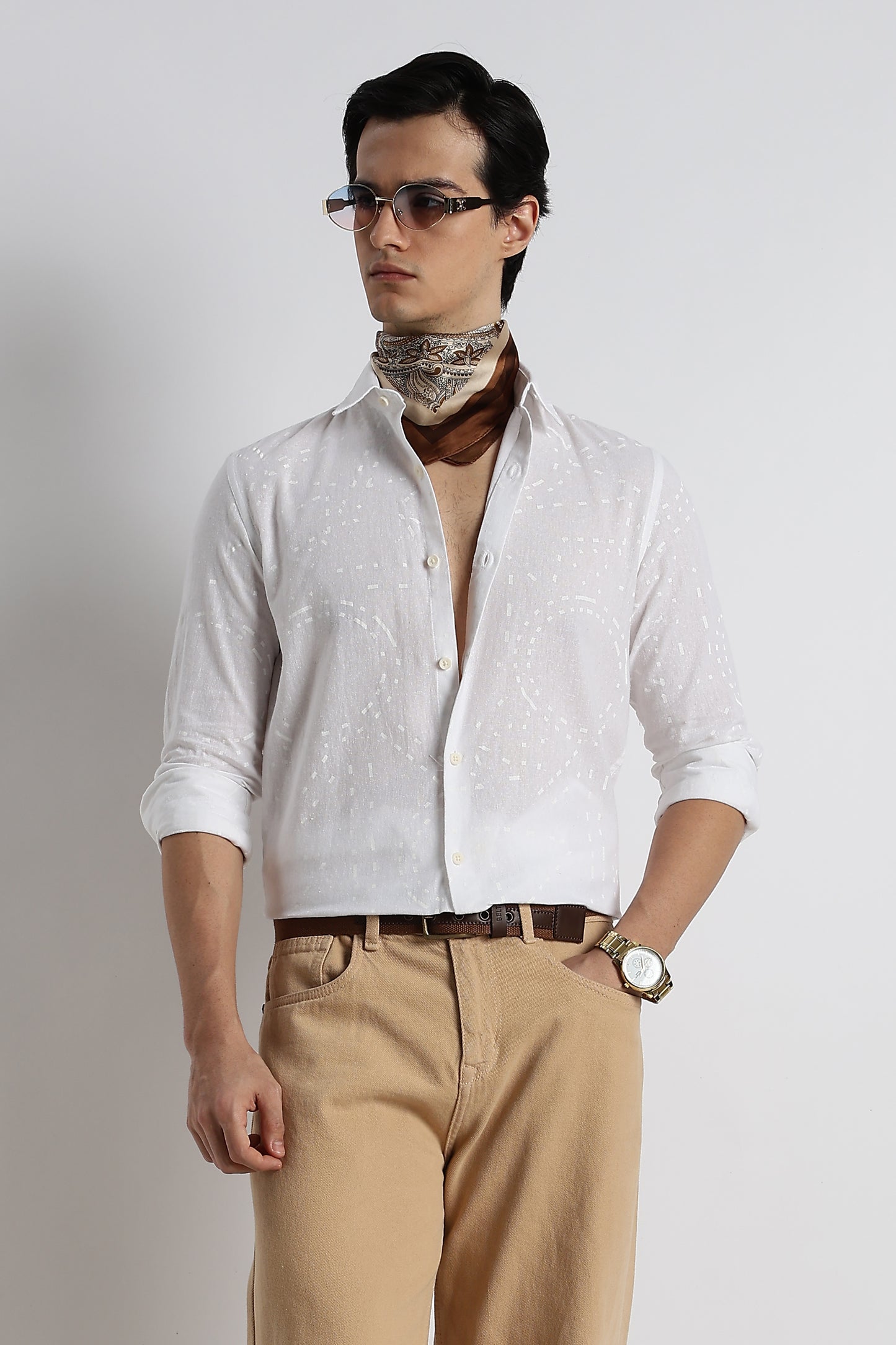 Abstract Geo-Print Shirt in Cotton Linen White