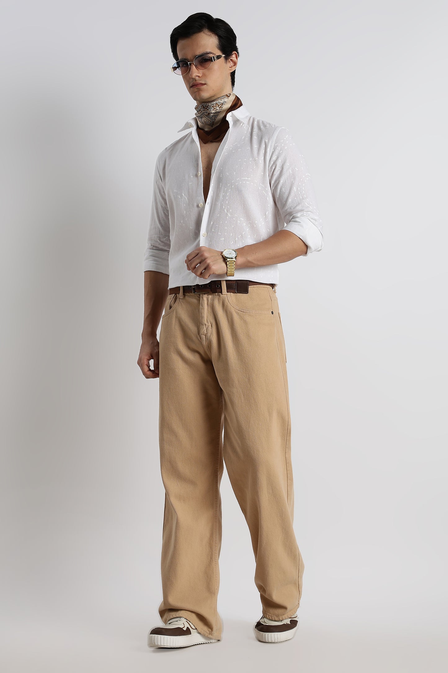 Abstract Geo-Print Shirt in Cotton Linen White