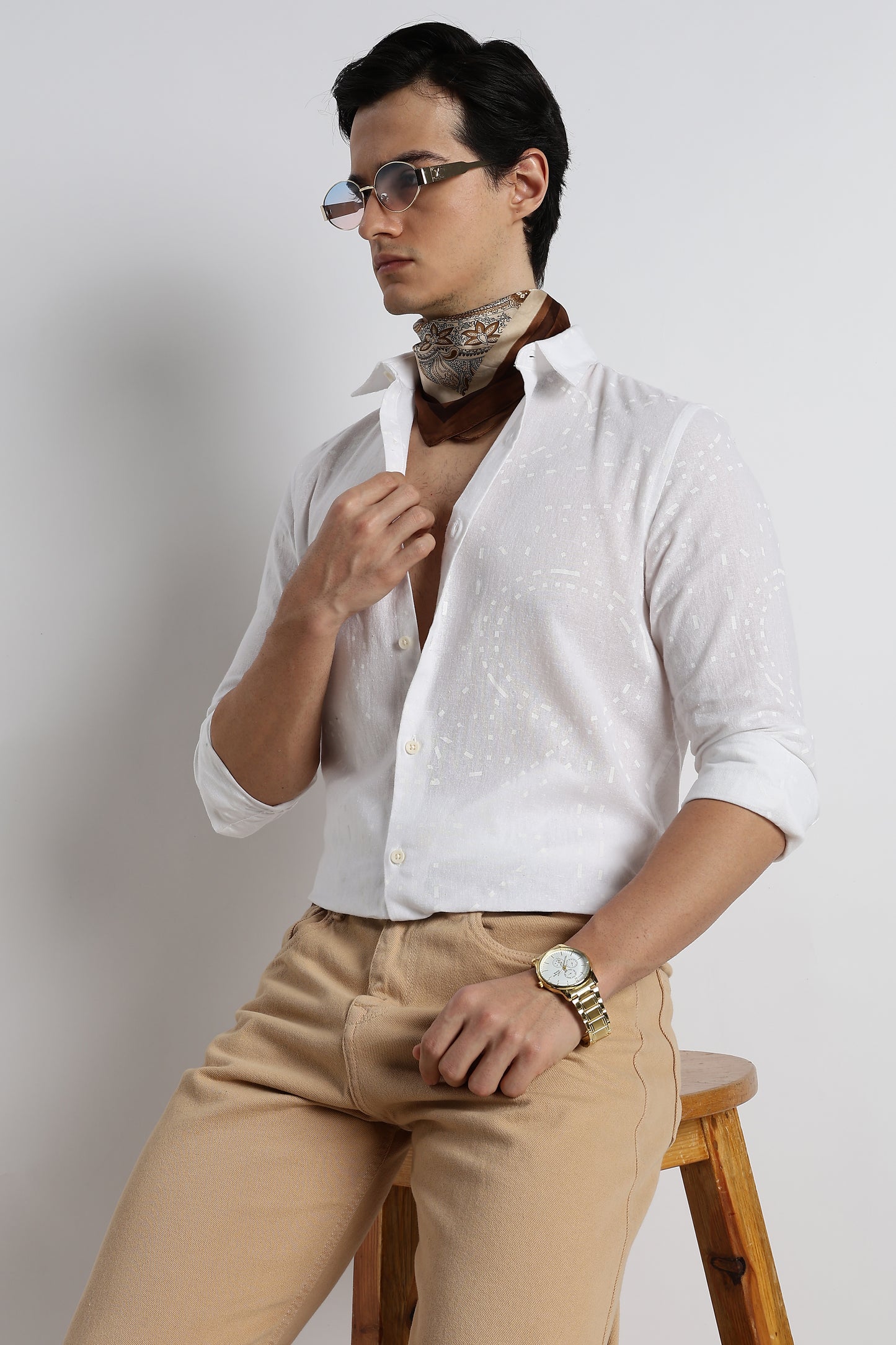 Abstract Geo-Print Shirt in Cotton Linen White