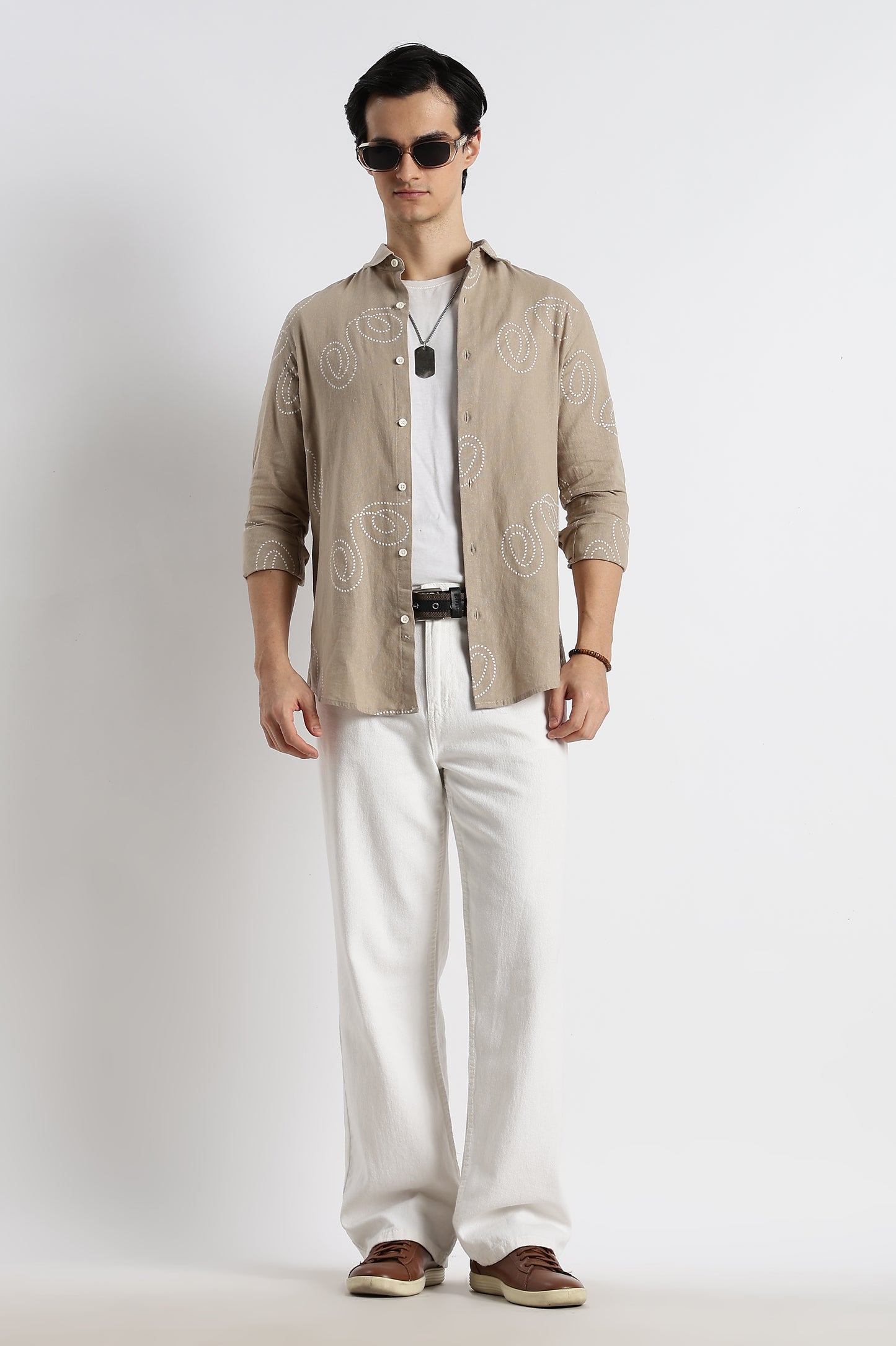 Dotted Swirl Printed Cotton Linen Shirt Beige