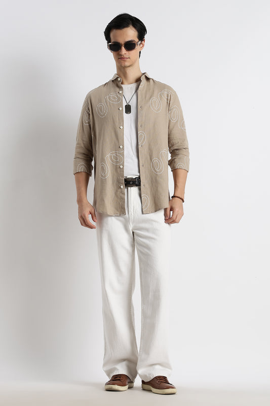 Dotted Swirl Printed Cotton Linen Shirt Beige