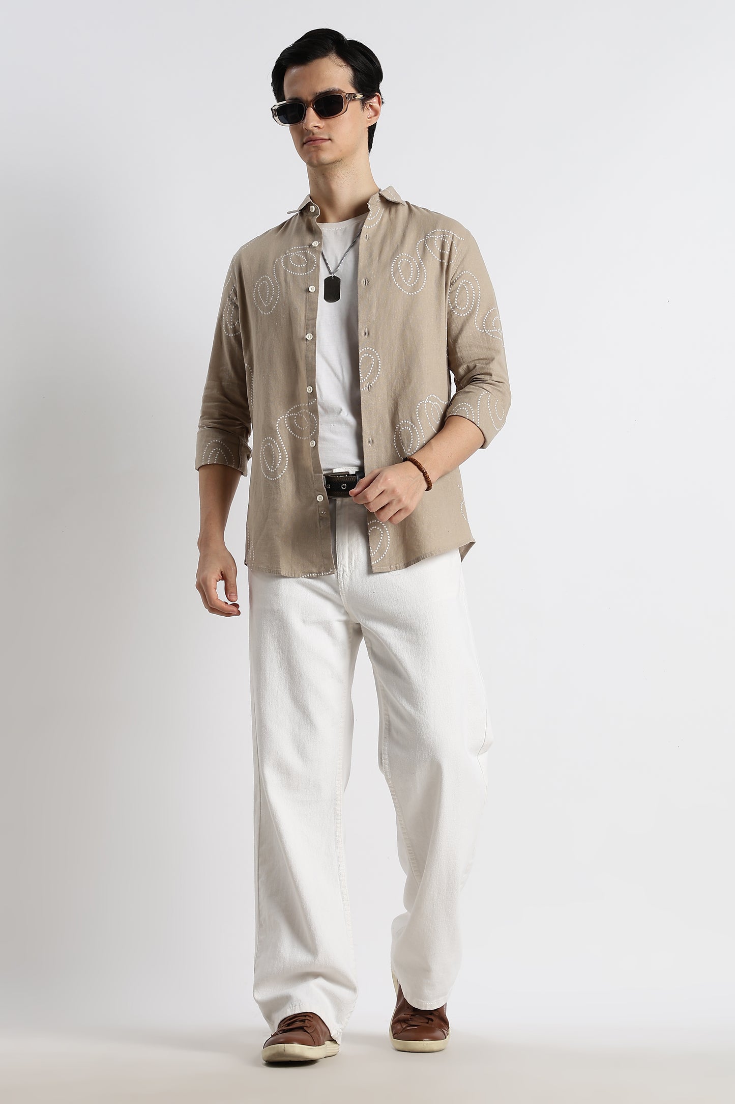 Dotted Swirl Printed Cotton Linen Shirt Beige