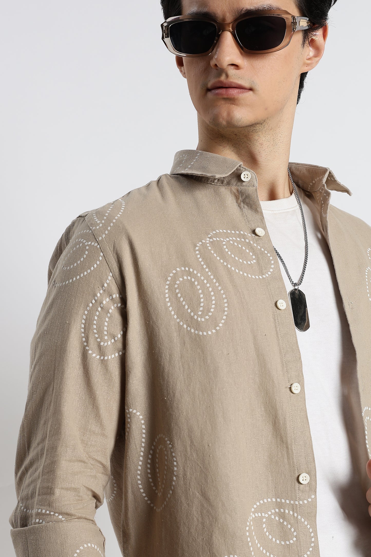 Dotted Swirl Printed Cotton Linen Shirt Beige