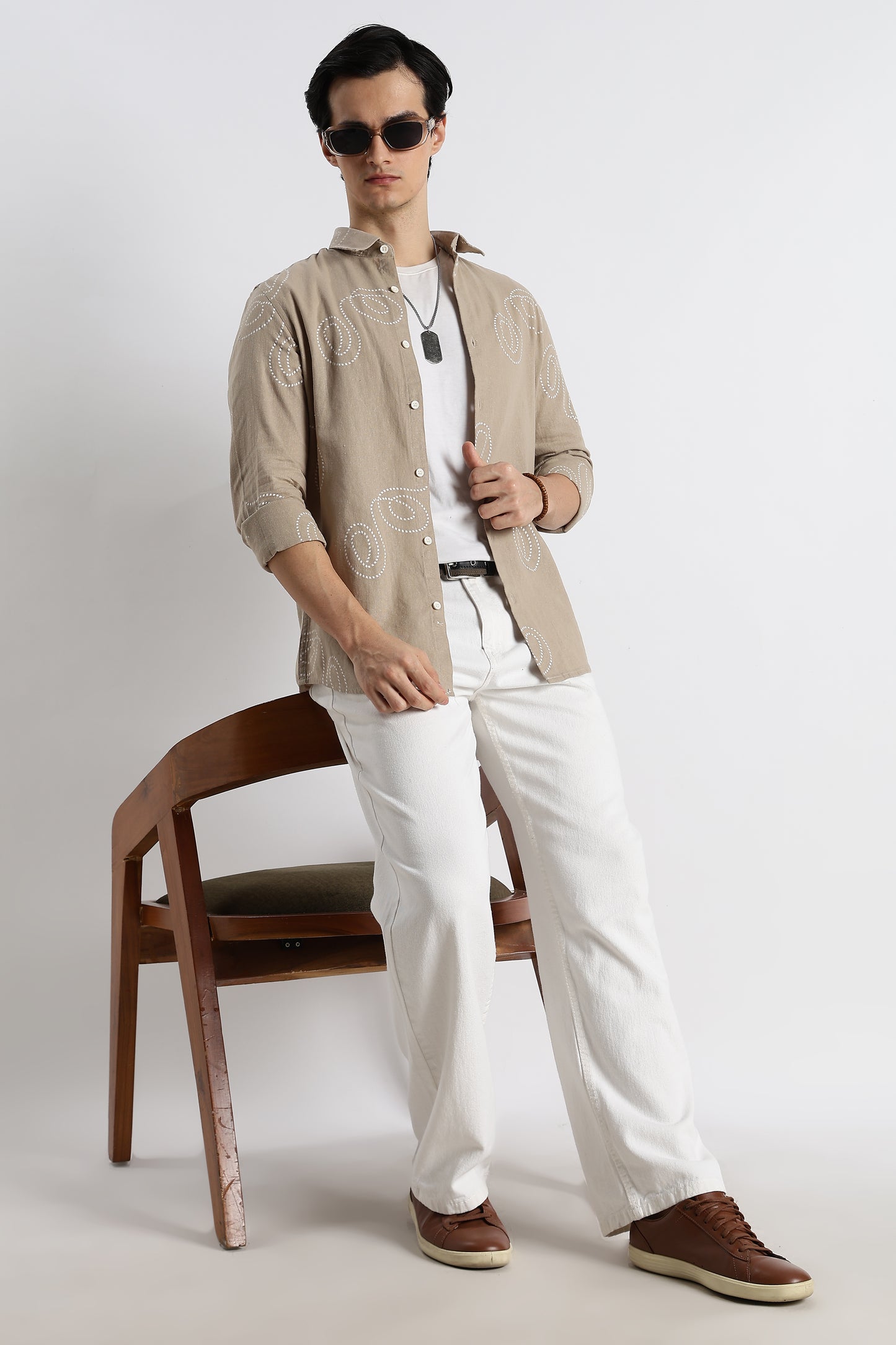 Dotted Swirl Printed Cotton Linen Shirt Beige