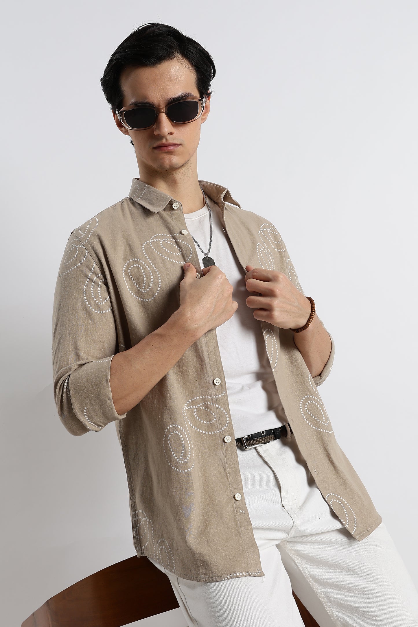 Dotted Swirl Printed Cotton Linen Shirt Beige