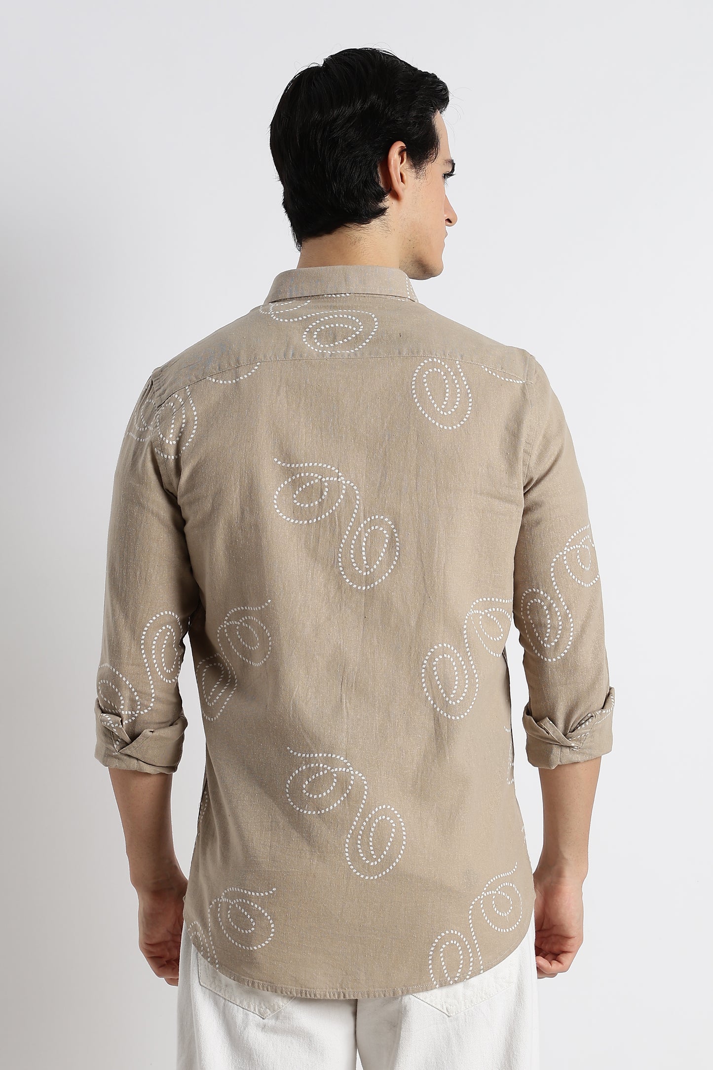 Dotted Swirl Printed Cotton Linen Shirt Beige