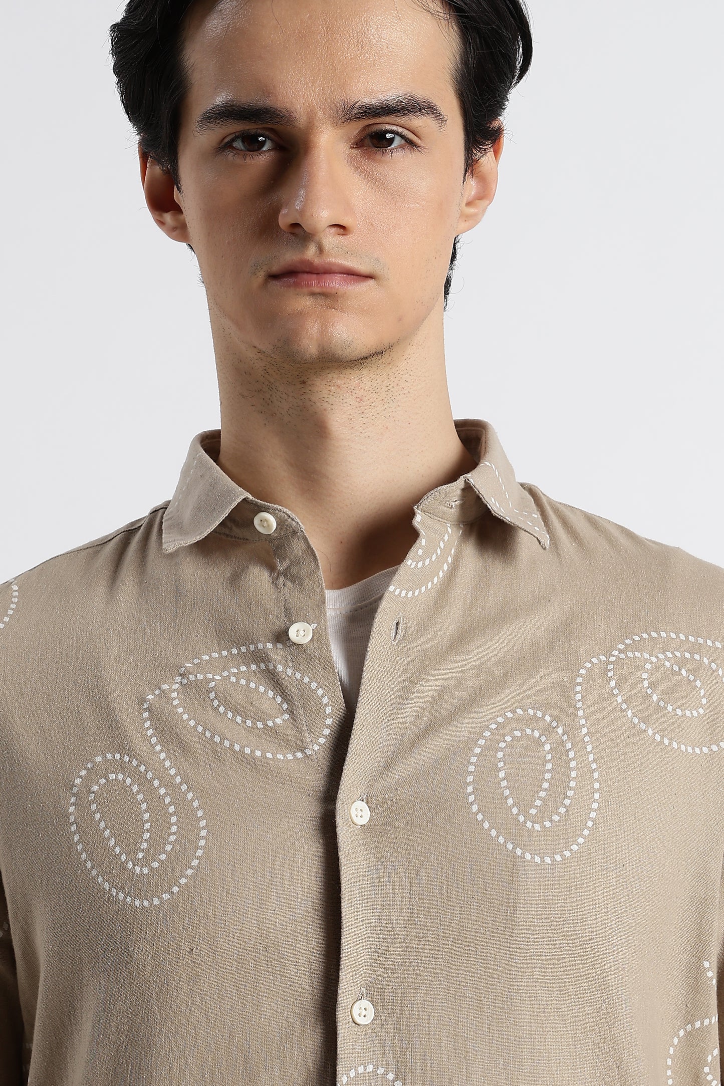 Dotted Swirl Printed Cotton Linen Shirt Beige