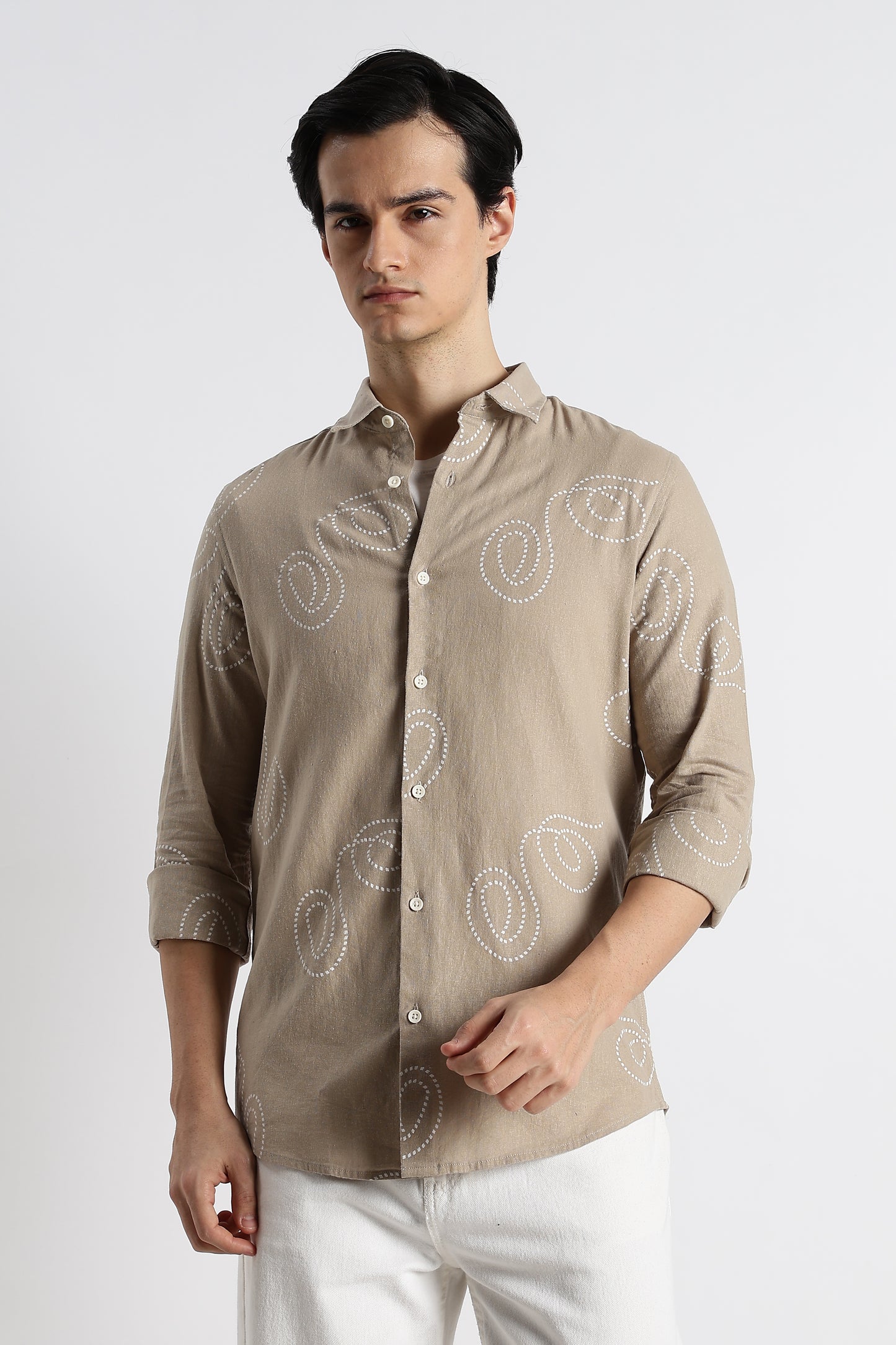 Dotted Swirl Printed Cotton Linen Shirt Beige