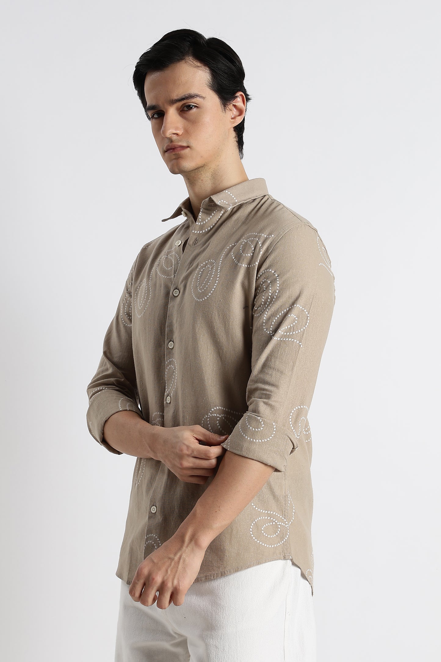 Dotted Swirl Printed Cotton Linen Shirt Beige