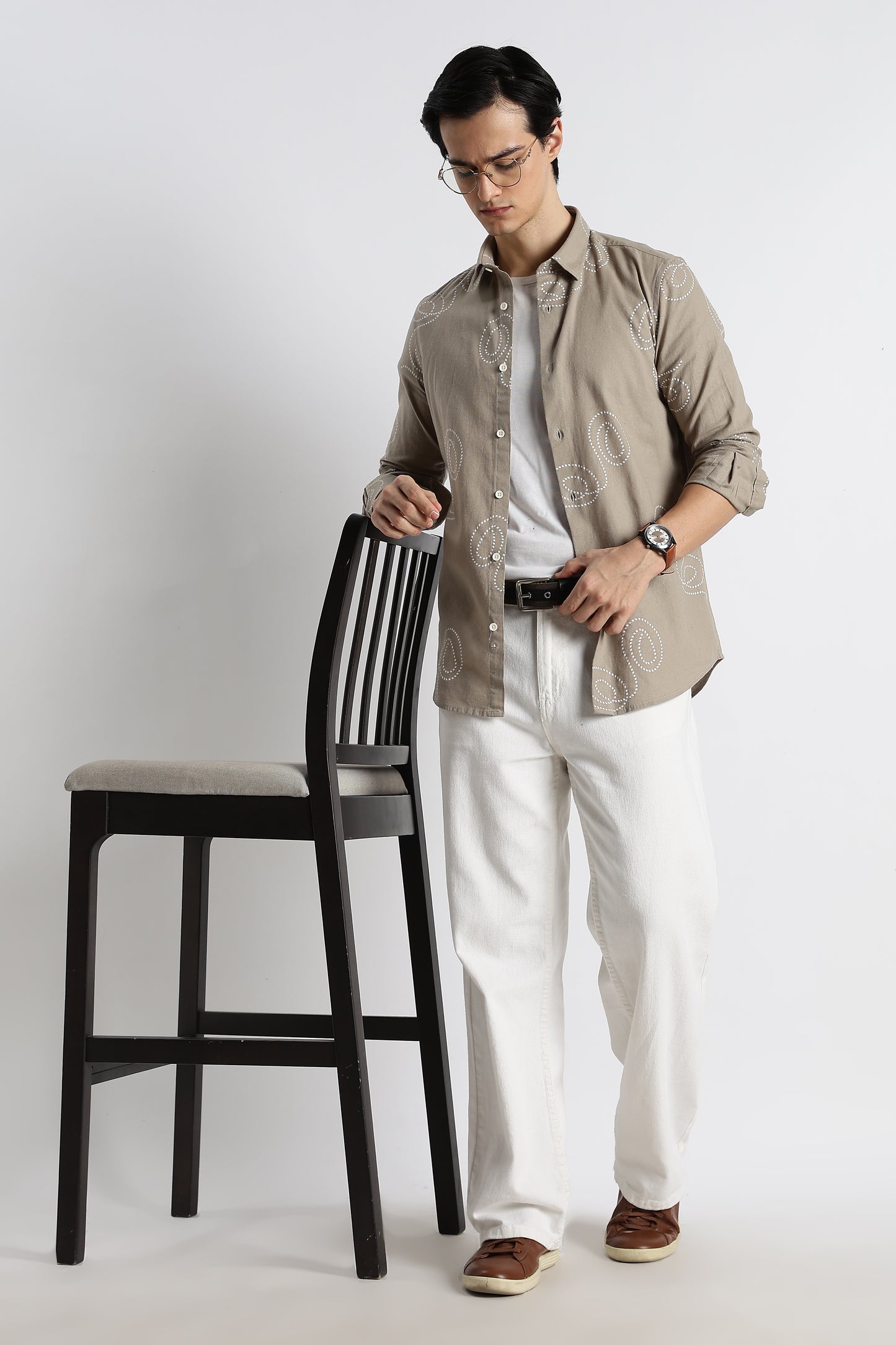 Dotted Swirl Printed Cotton Linen Shirt Grey