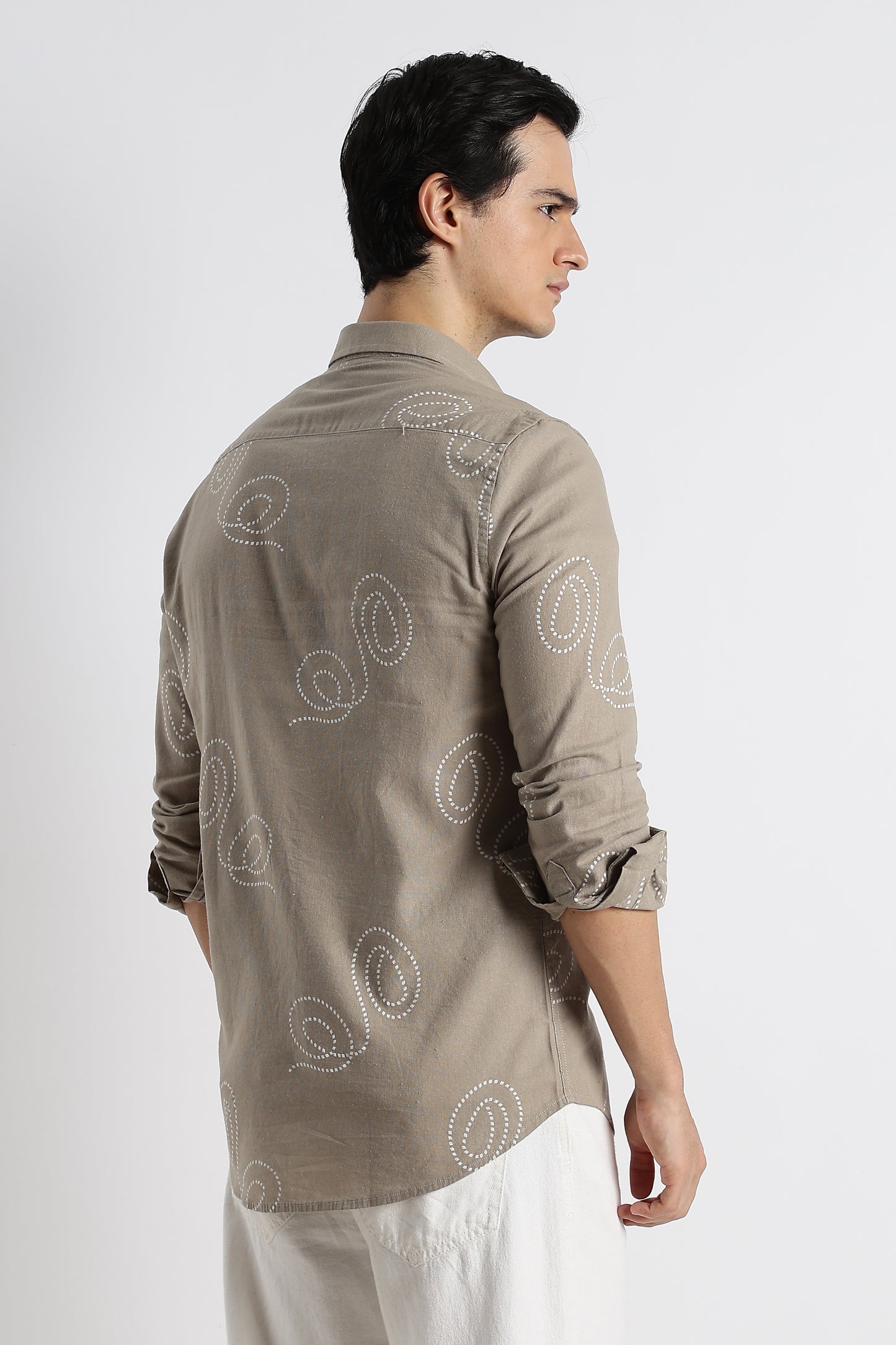 Dotted Swirl Printed Cotton Linen Shirt Grey