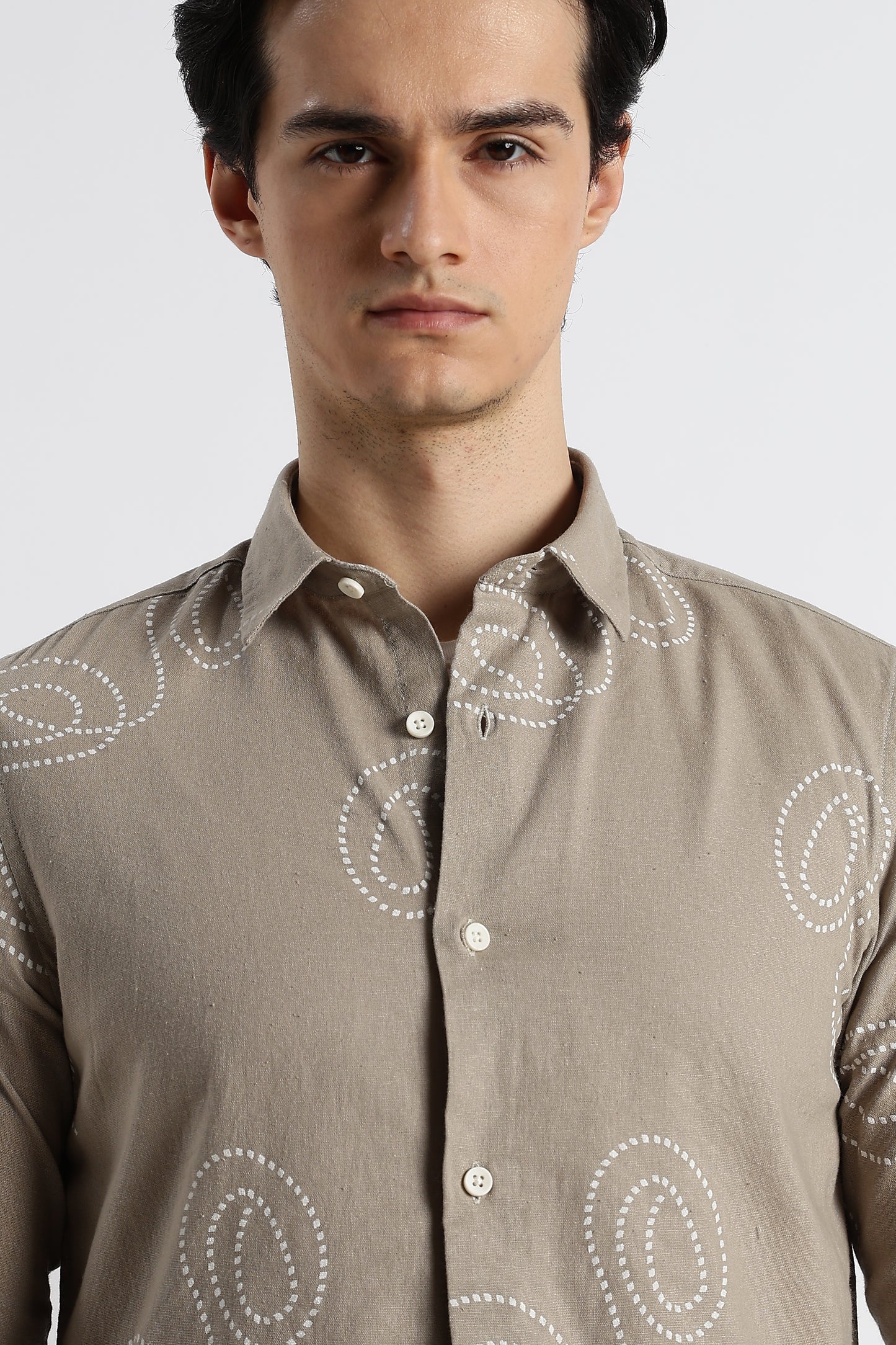 Dotted Swirl Printed Cotton Linen Shirt Grey