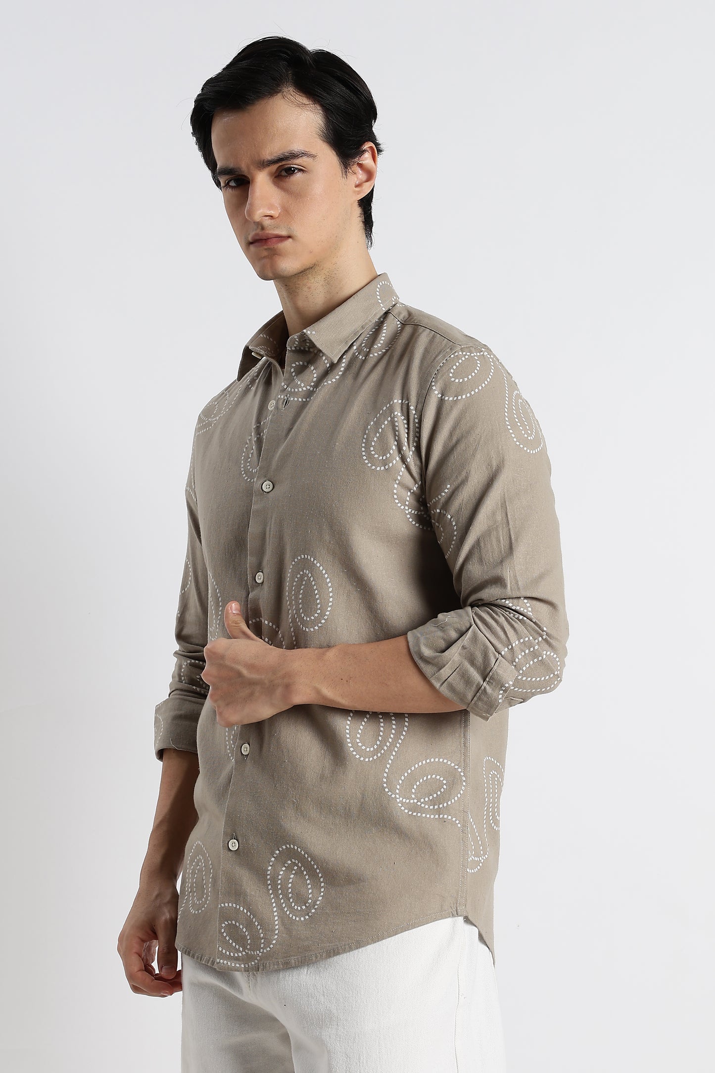 Dotted Swirl Printed Cotton Linen Shirt Grey