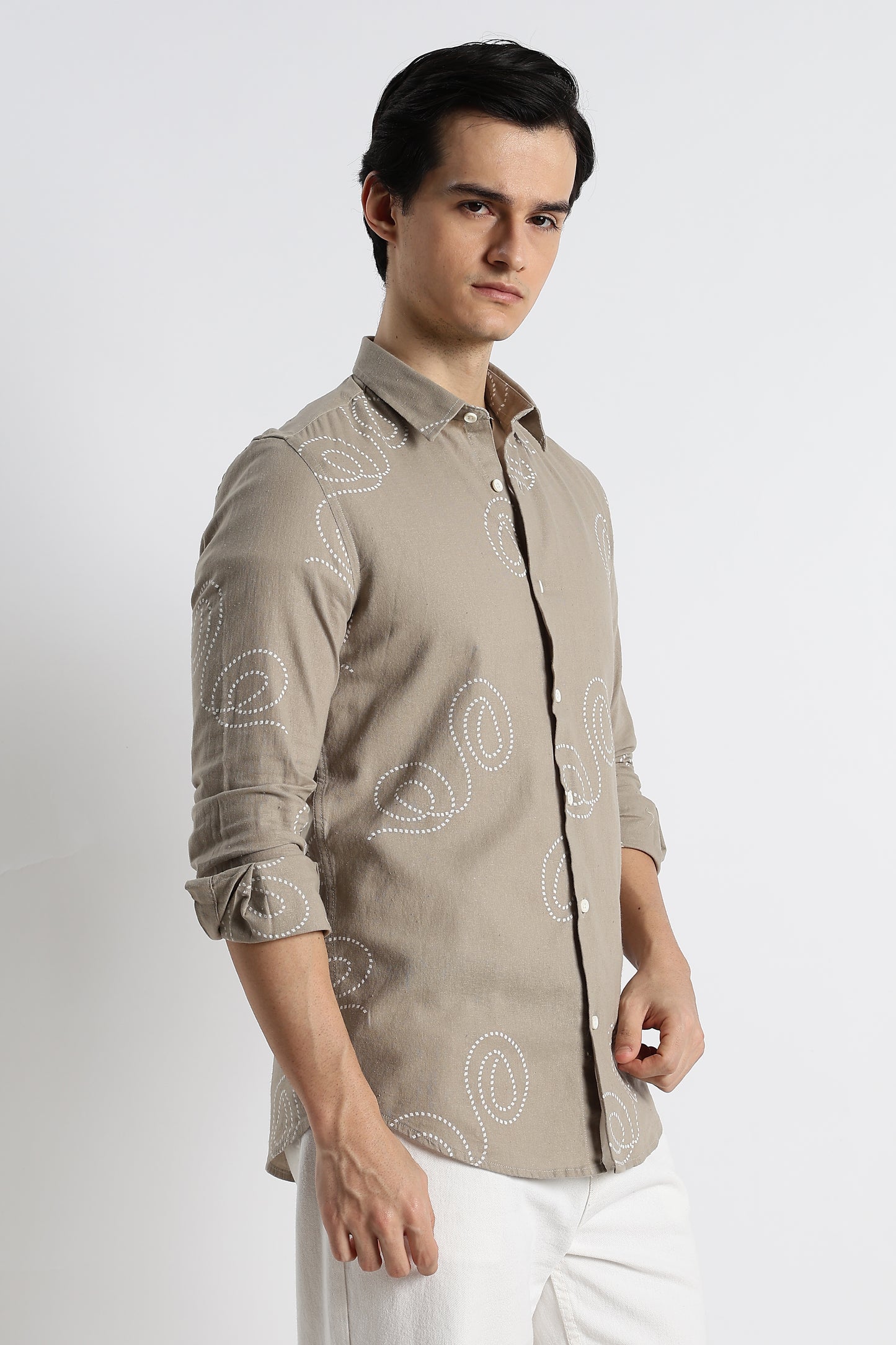 Dotted Swirl Printed Cotton Linen Shirt Grey