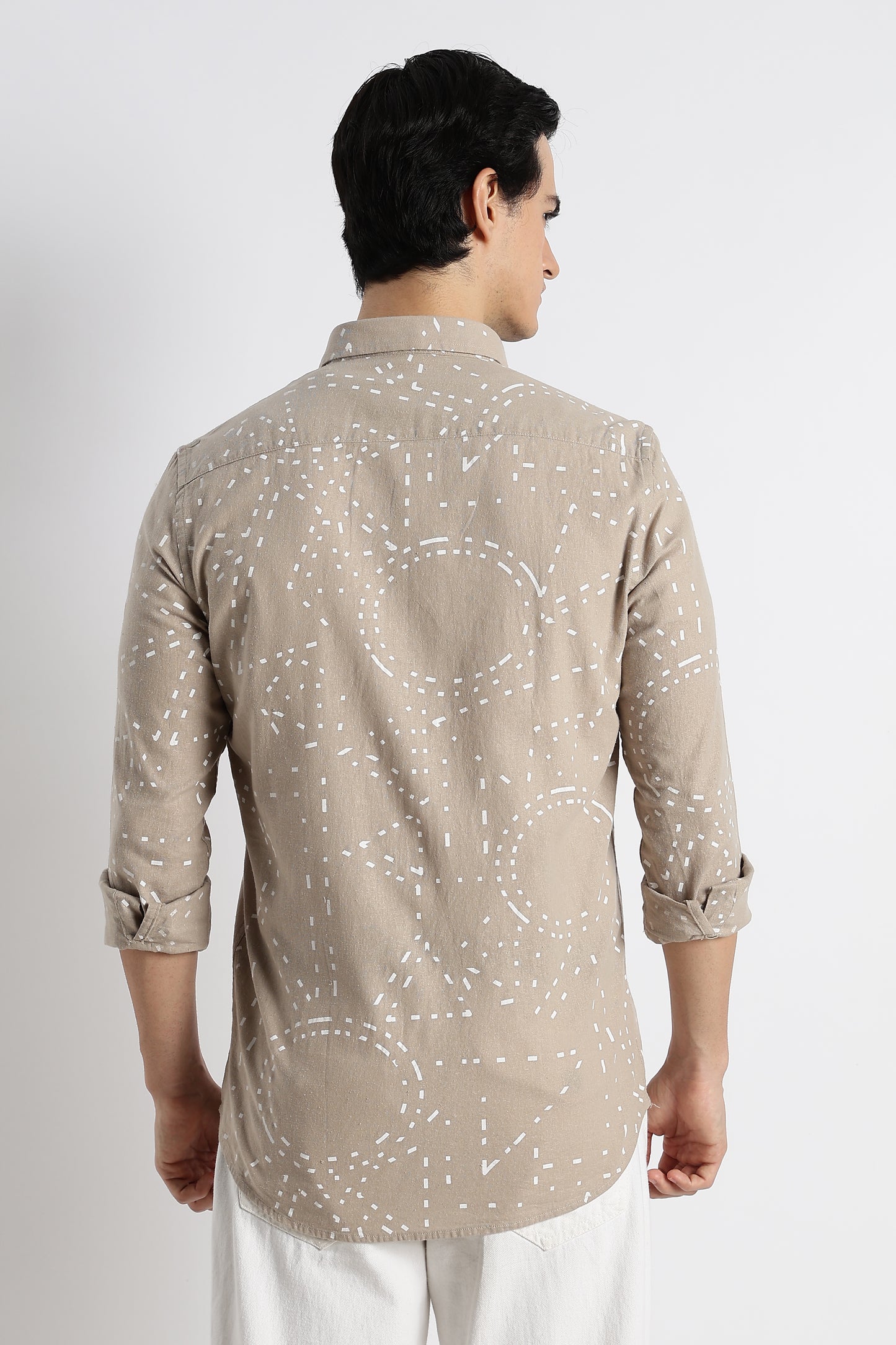 Abstract Geo-Print Shirt in Cotton Linen Beige