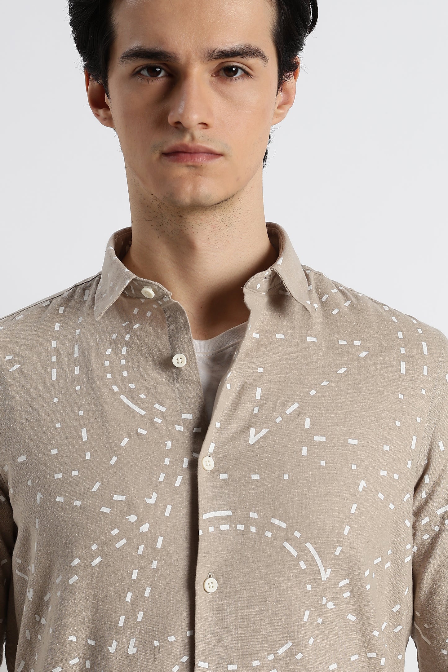 Abstract Geo-Print Shirt in Cotton Linen Beige