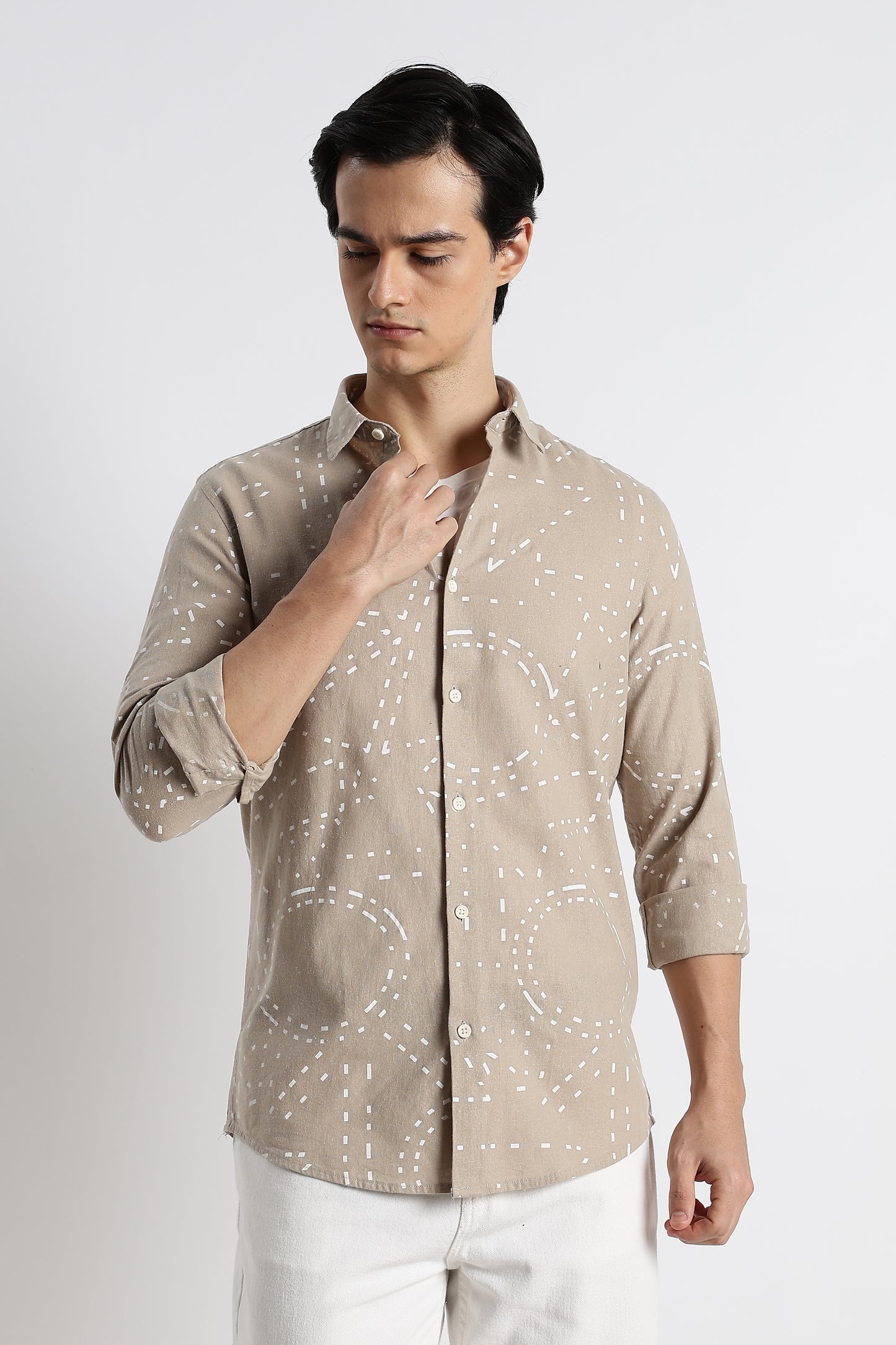 Abstract Geo-Print Shirt in Cotton Linen Beige